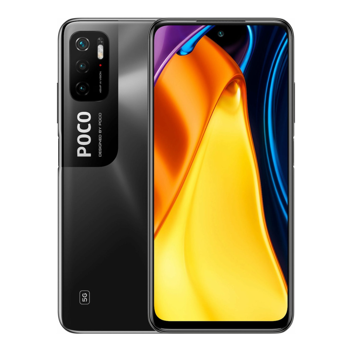 Arkada POCO logosu ve kamera modülü bulunan siyah bir akıllı telefon.