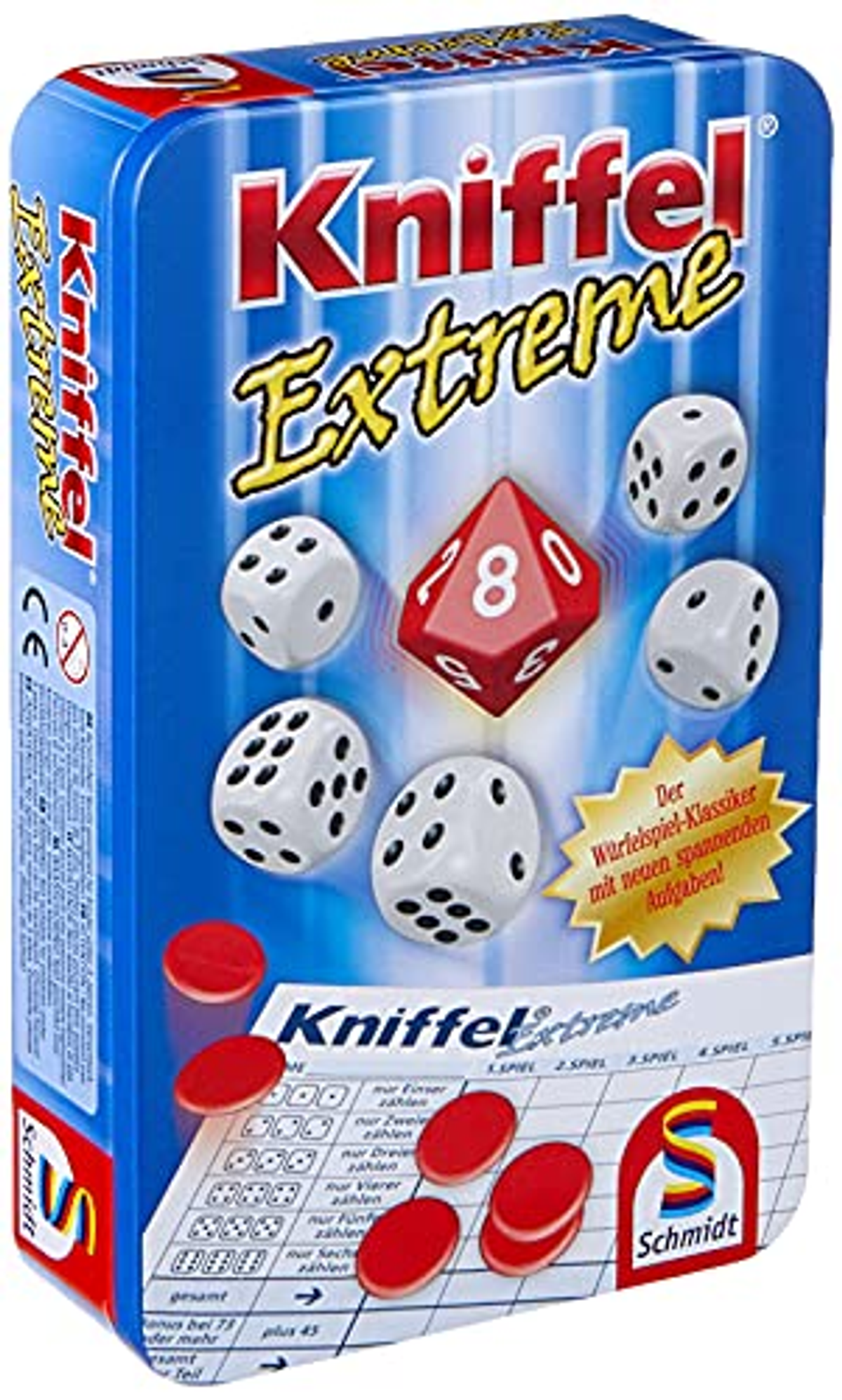 Niebieskie metalowe pudełko z kośćmi i czerwoną kością z 8, i czerwonymi żetonami. Gra Kniffel Extreme.