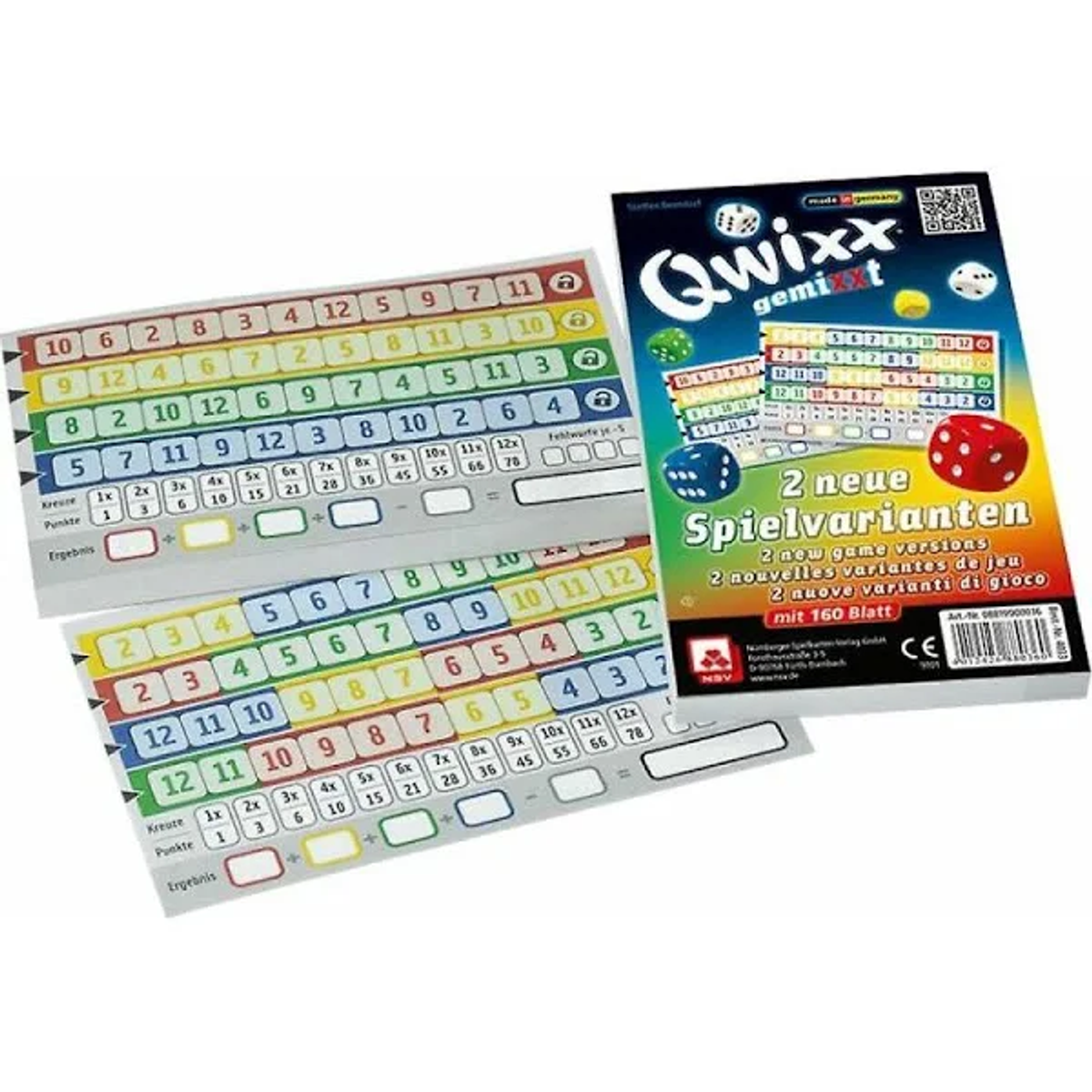 Ein Brettspiel mit Karten und Würfeln. Das Spiel hat bunte Elemente und Text. Auf der Box steht Qwixx.