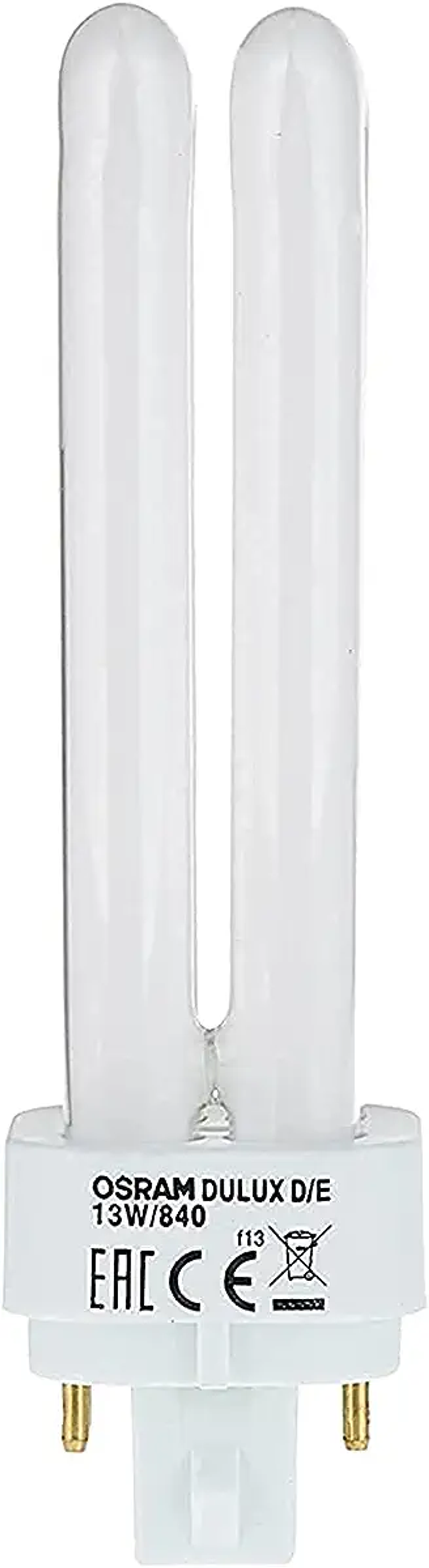 Una lampada a risparmio energetico Osram Dulux D/E 13W/840 bianca a due tubi.
