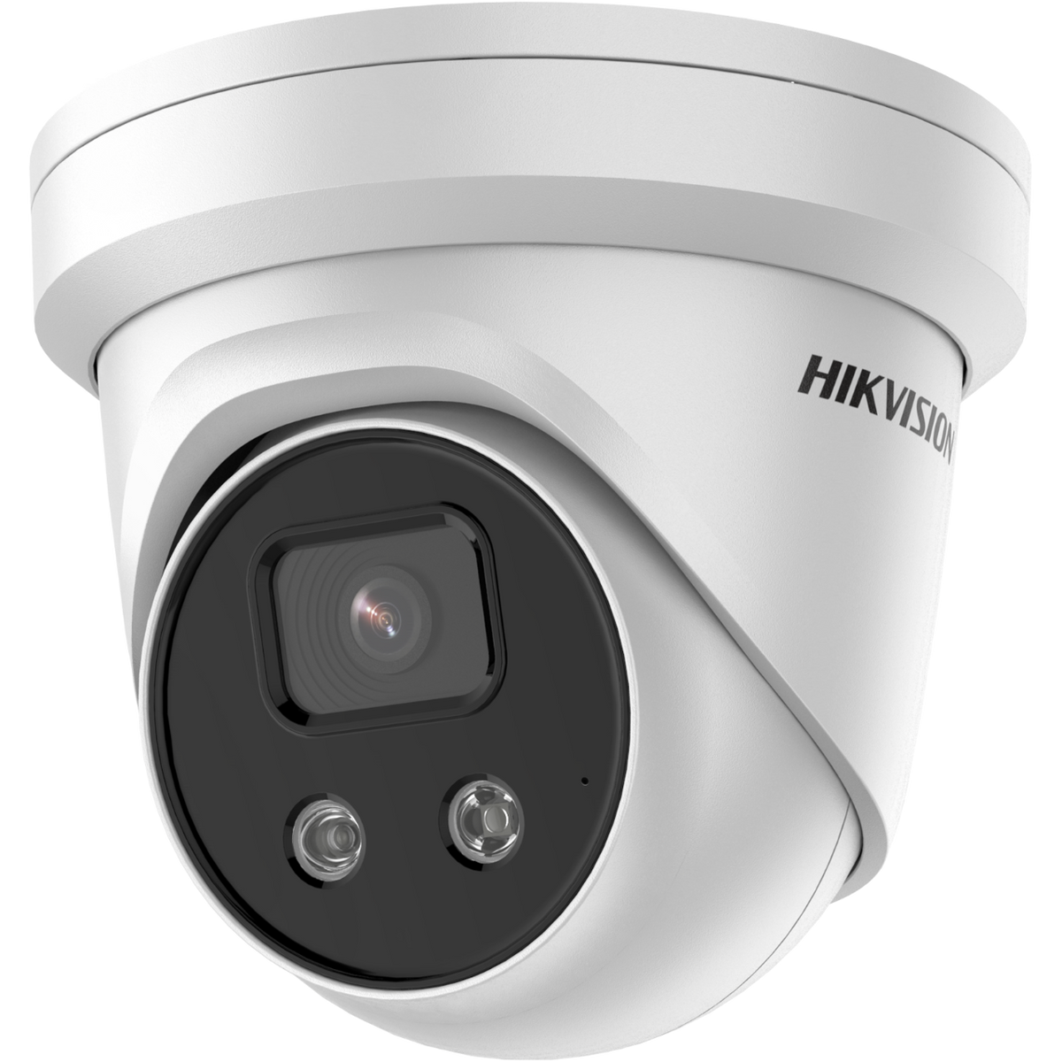 Una telecamera di sicurezza bianca con fronte nero e logo HIKVISION.