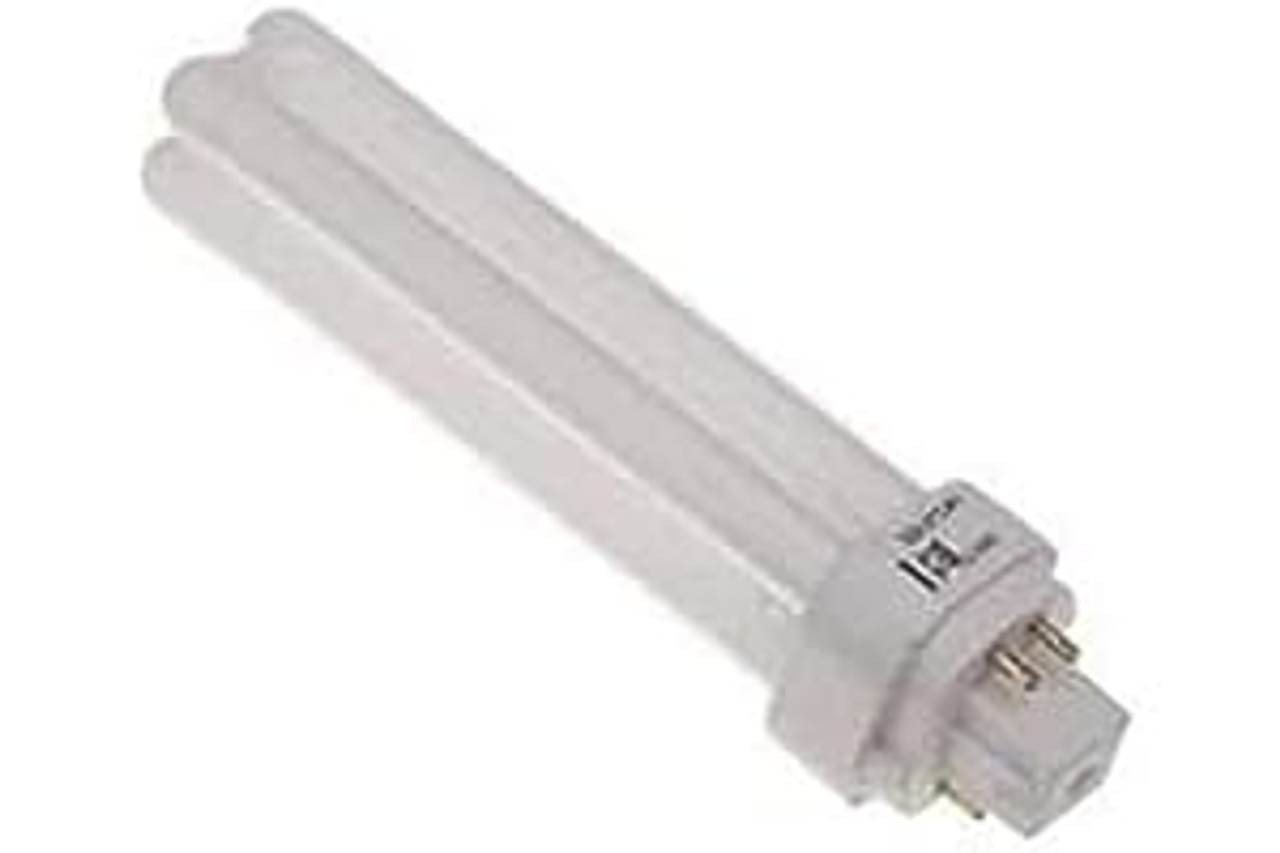 Una lampada fluorescente con due perni. Base in plastica bianca. Sfondo bianco.