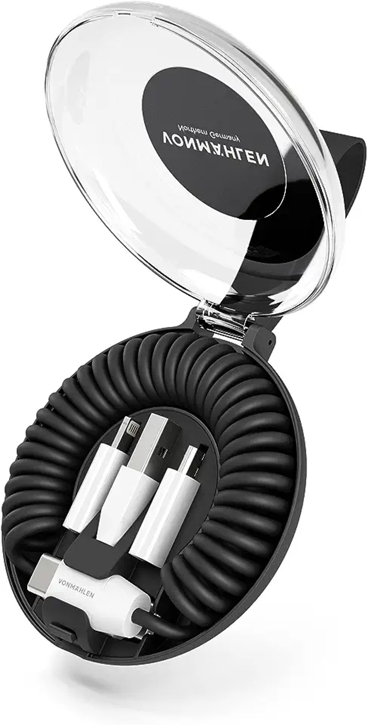Organizzatore di cavi nero con cavo a spirale e connettori multipli, isolato.