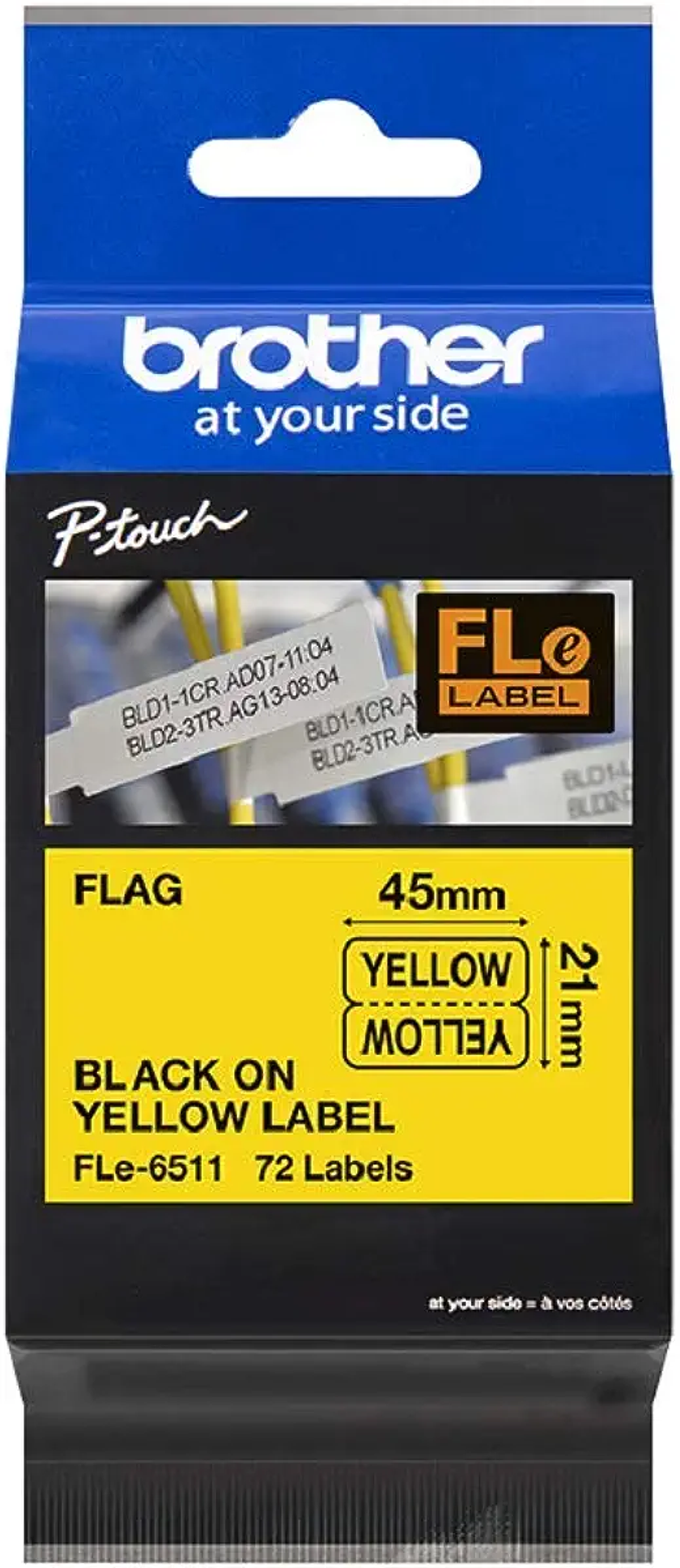 Czarno-niebieska taśma do etykieciarki Brother. Żółta taśma z czarnym tekstem. Białe tło.