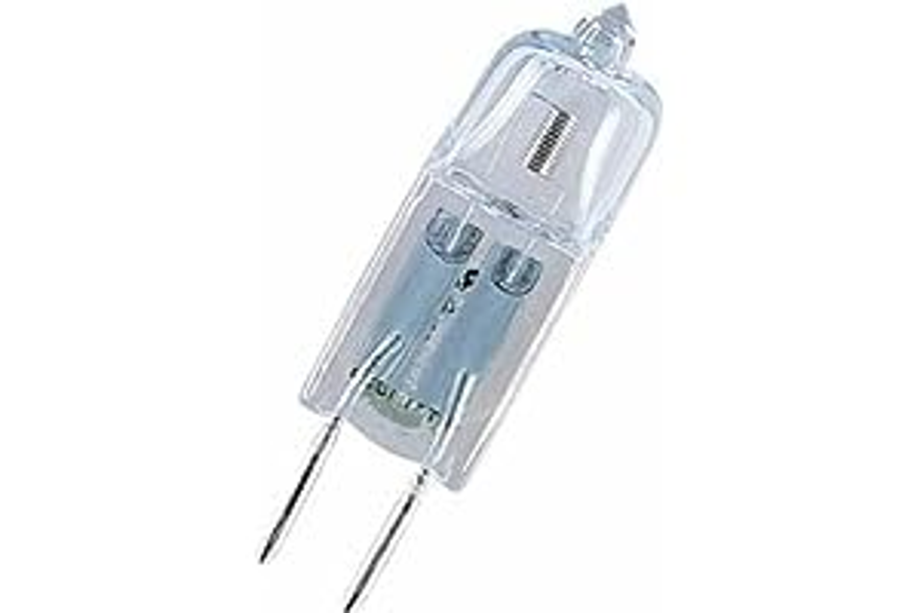 Mała, przezroczysta żarówka halogenowa z dwoma metalowymi pinami. Żarówka jest przezroczysta.