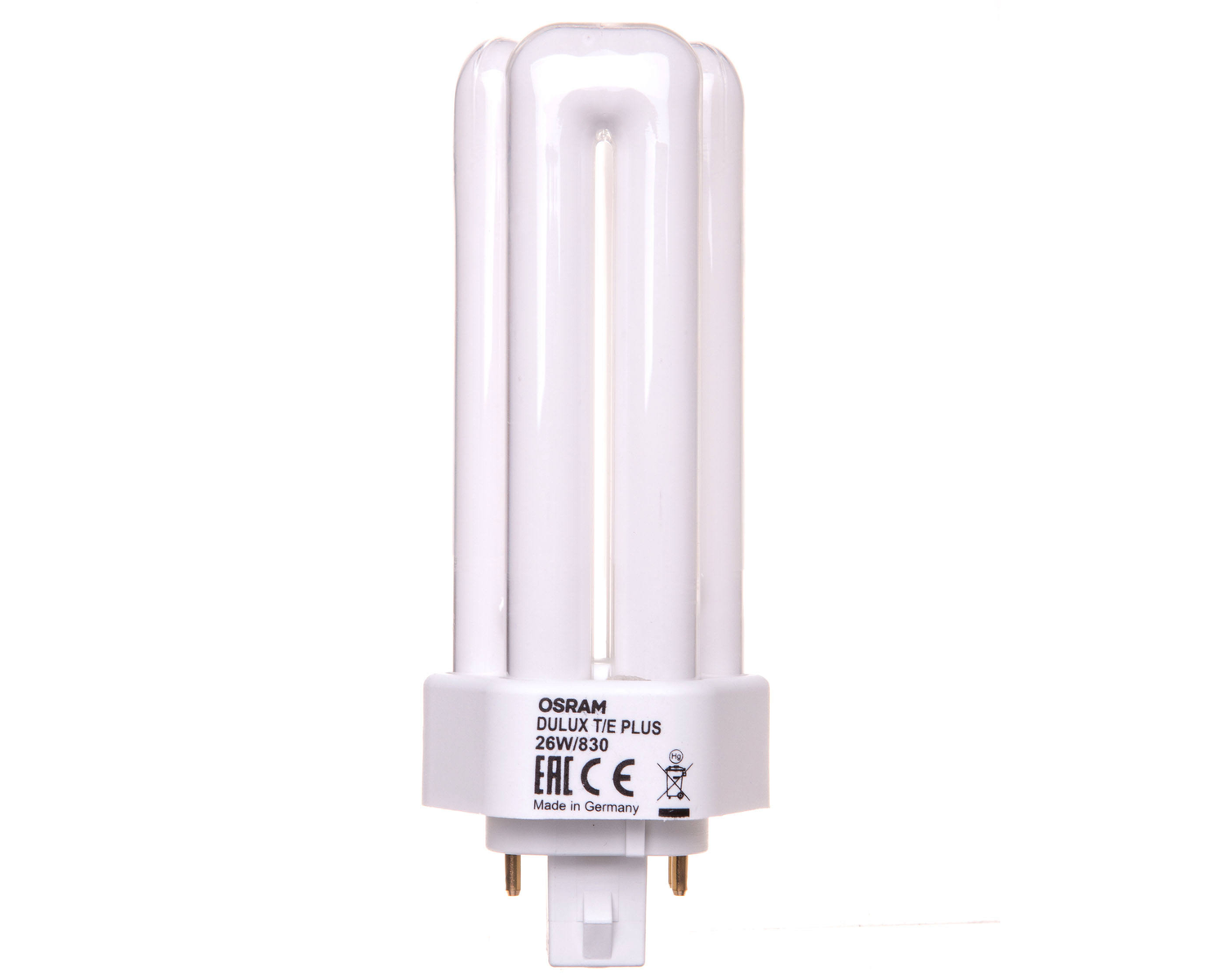 Una lampada fluorescente compatta bianca con quattro tubi e testo.