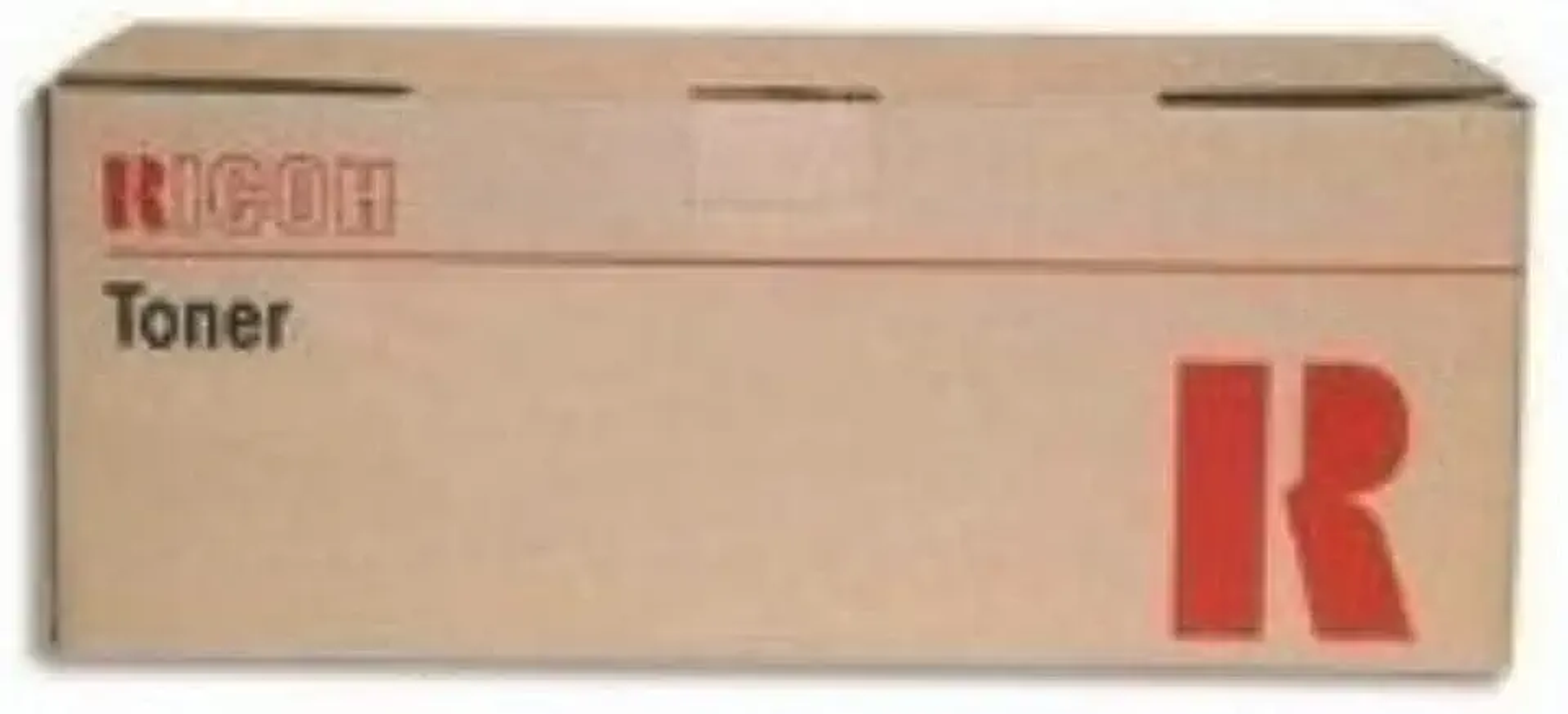 Brązowe pudełko z tonerem Ricoh z czerwonym logo Ricoh.