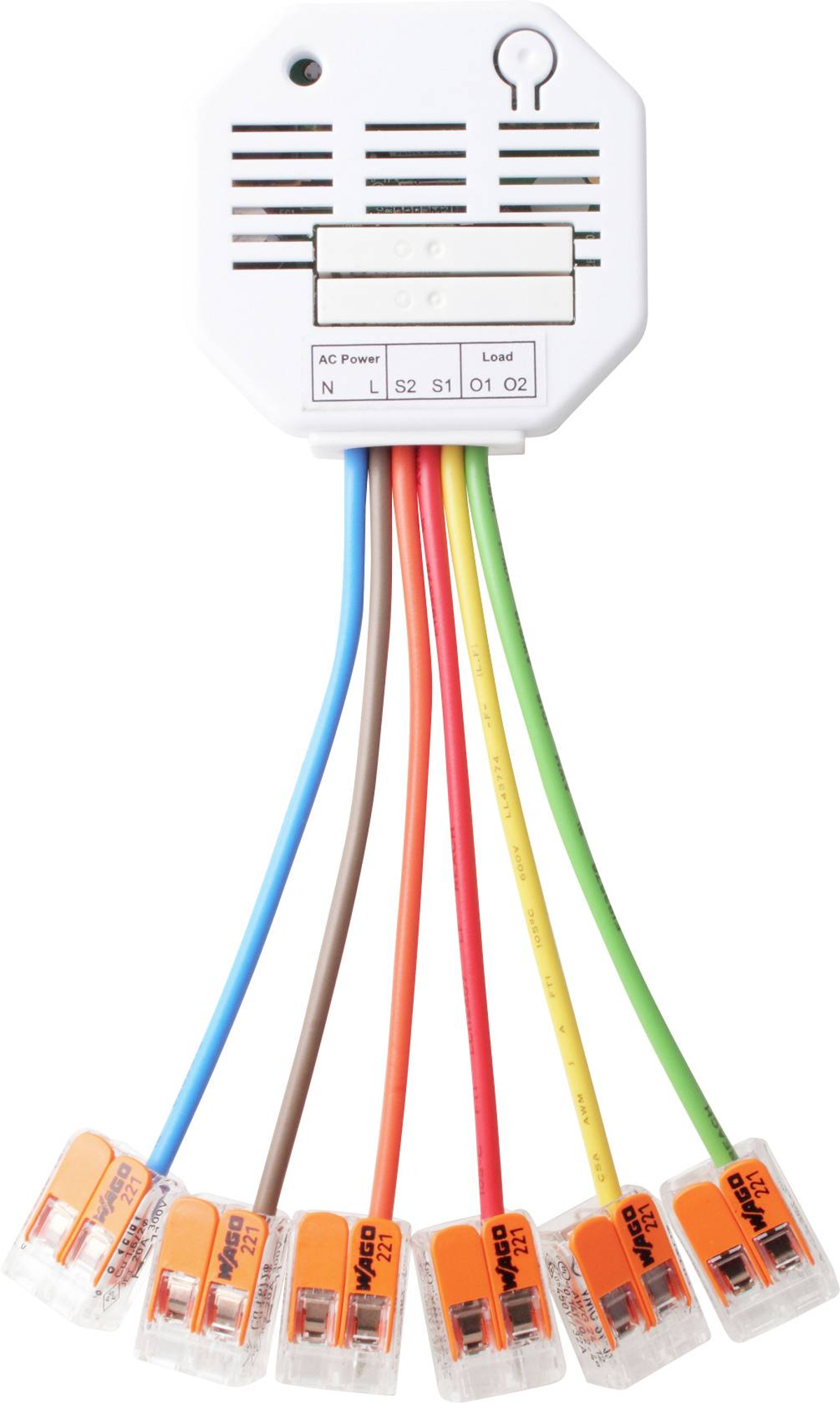 Elektrischer Verbinder mit Drähten in verschiedenen Farben, auf weißem Grund.