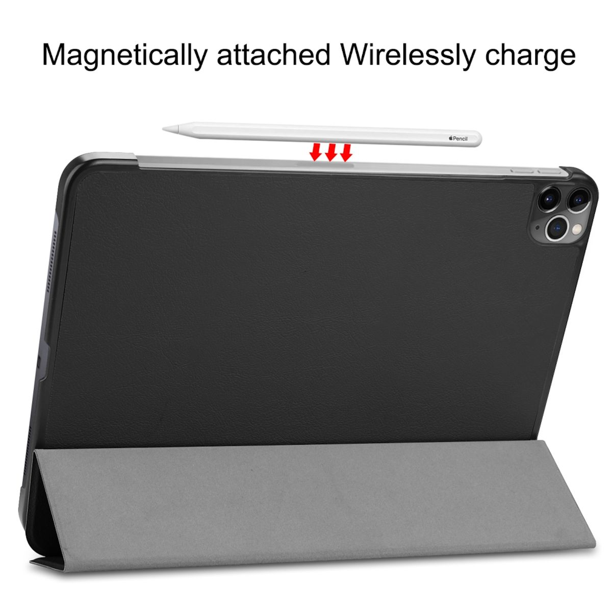 Ein iPad Pro mit Smart Cover. Ein Stift ist magnetisch am oberen Rand befestigt.