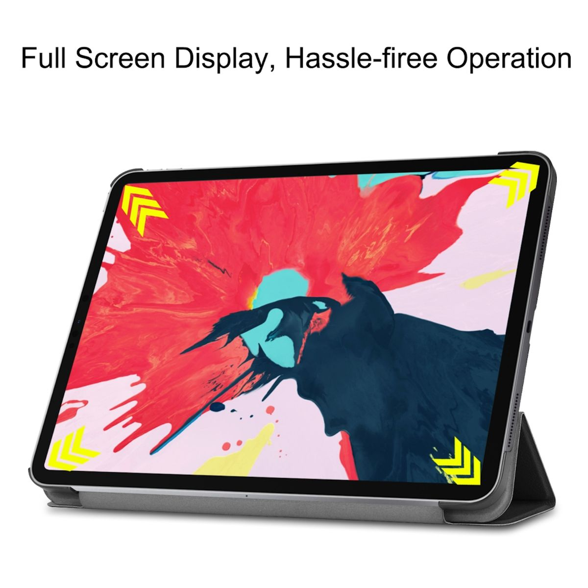 Tablet mit Bildschirm, der bunte abstrakte Kunst zeigt, in einer Hülle mit gelben Pfeilen angezeigt.