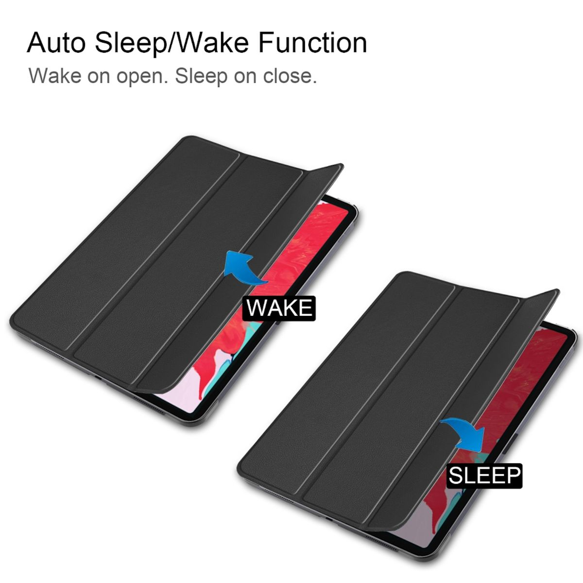 Zwei schwarze Tablet-Hüllen mit den Aufschriften 'WAKE' und 'SLEEP', die die automatische Schlaf-/Weckfunktion veranschaulichen.