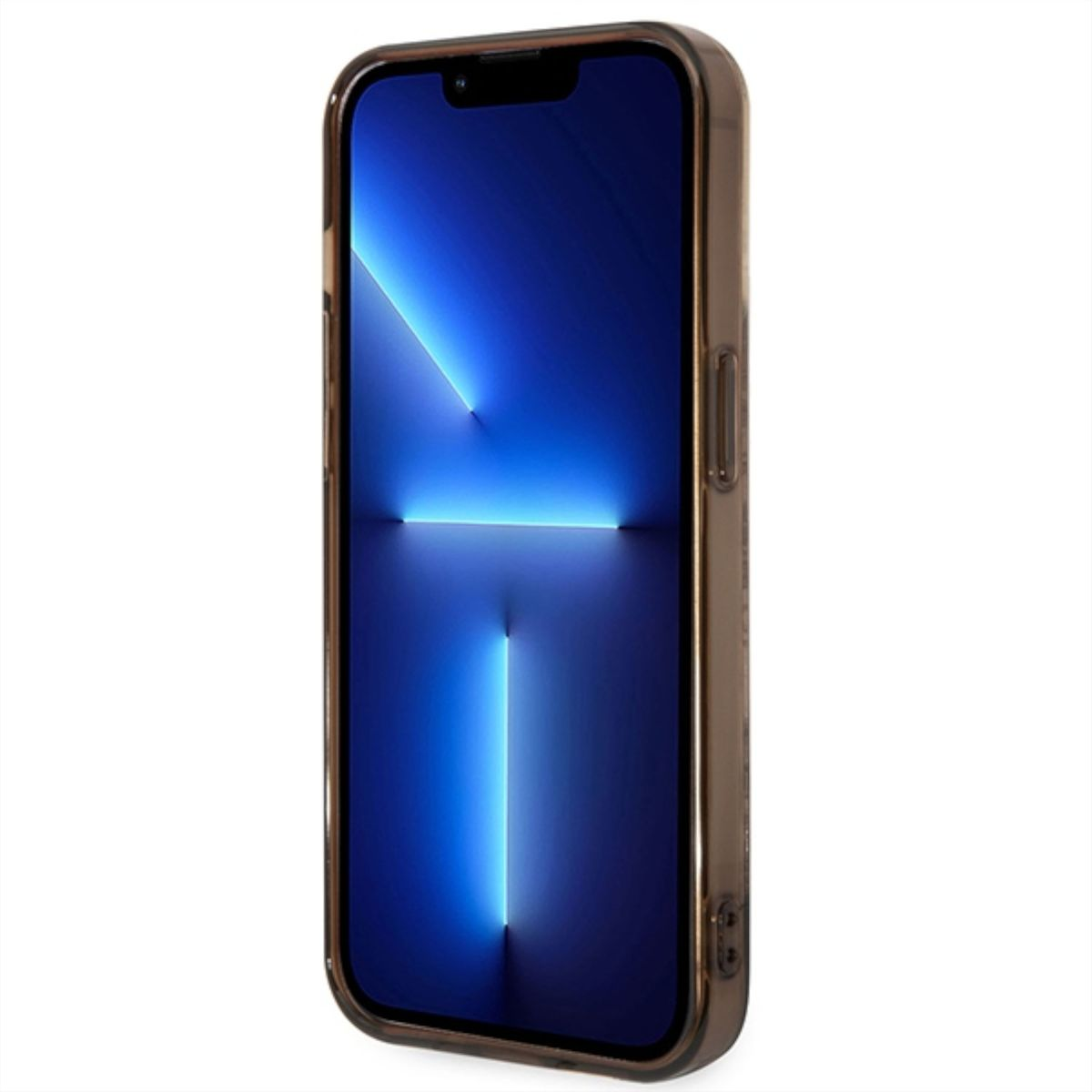 Smartphone in einer transparenten Hülle. Telefon hat einen blauen Bildschirm mit Licht.
