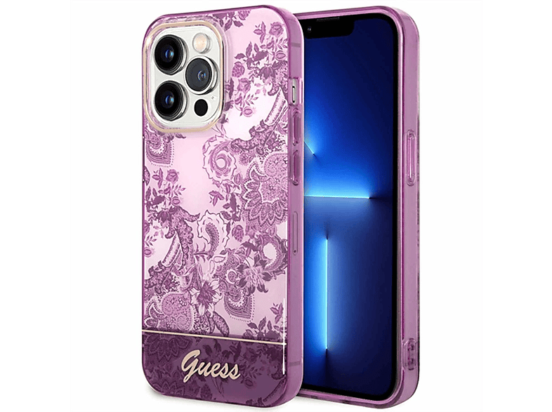 GUESS Design Muster TPU / PC Apple, Backcover, Leder / PU iPhone Lila Pro, Hülle, 14