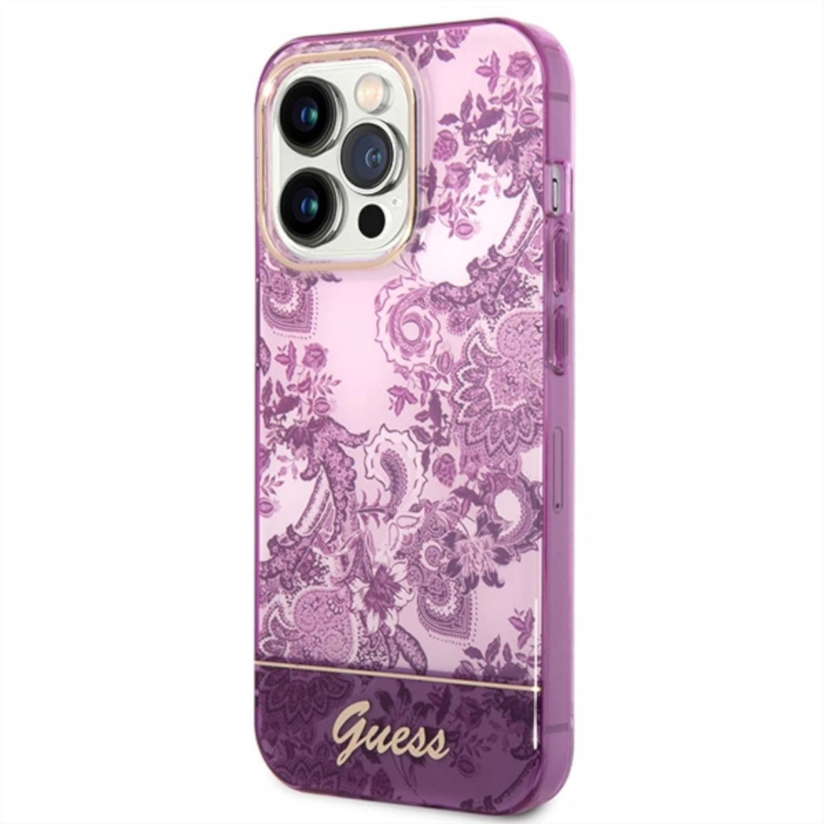 GUESS Design Muster TPU / PC Apple, Backcover, Leder / PU iPhone Lila Pro, Hülle, 14