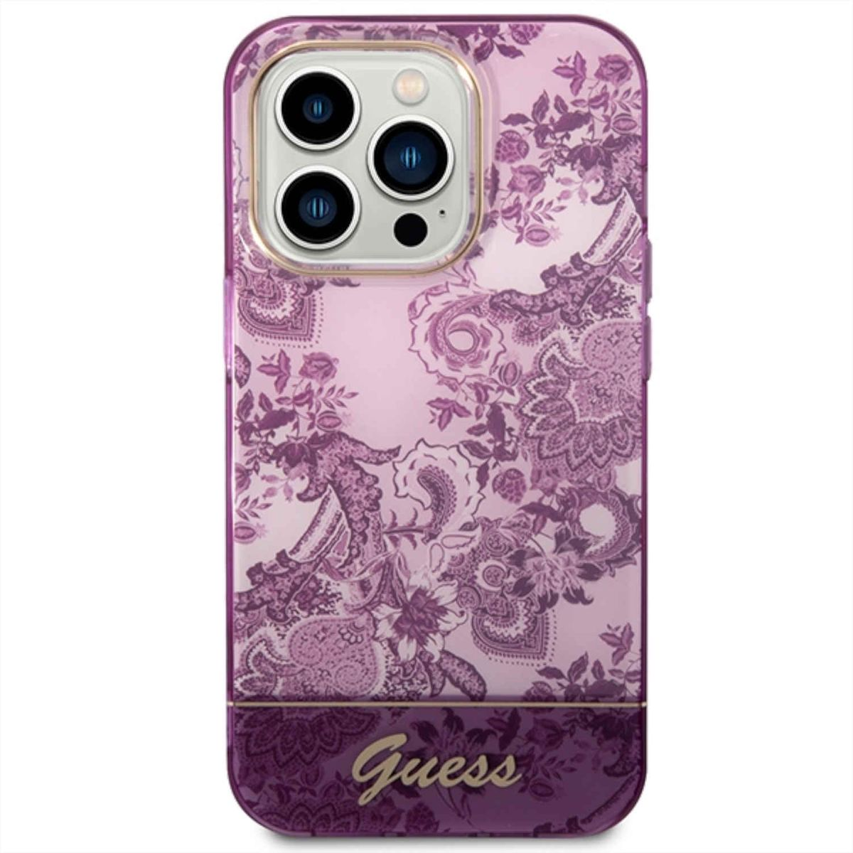 14 iPhone Leder PU Backcover, GUESS Pro, / Lila Apple, TPU Muster Hülle, PC Design /