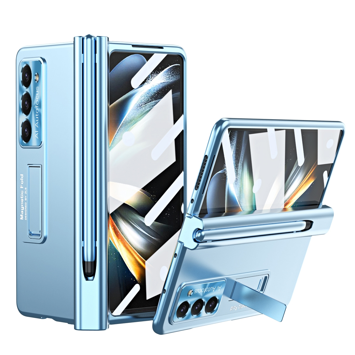 WIGENTO Magnetisches 360 Galaxy Stift, Front Metall Fold5 Blau und Cover, Z Hülle Grad Glas Samsung, 5G, Hart Full mit