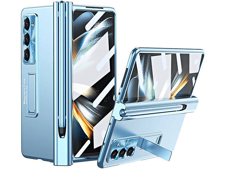 WIGENTO Magnetisches 360 Grad Metall Hülle mit Hart Glas Front und Stift, Full Cover, Samsung, Galaxy Z Fold5 5G, Blau