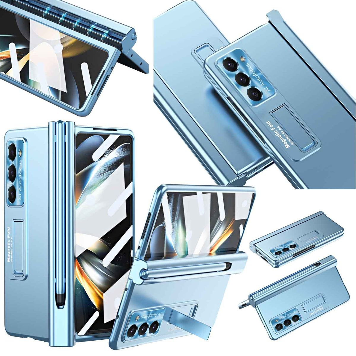 WIGENTO Magnetisches Full Fold5 Hülle 5G, Front 360 Hart Samsung, Galaxy Cover, und Grad mit Glas Metall Stift, Z Blau
