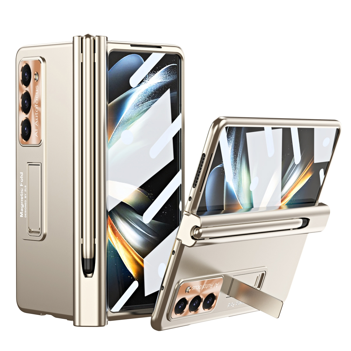 WIGENTO Magnetisches 360 Gold mit Z Glas Grad Metall Stift, Front Hart und Cover, Fold5 Samsung, 5G, Hülle Full Galaxy