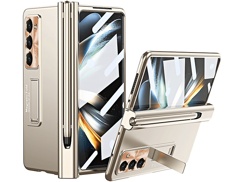 WIGENTO Magnetisches 360 Grad Metall Hülle mit Hart Glas Front und Stift, Full Cover, Samsung, Galaxy Z Fold5 5G, Gold