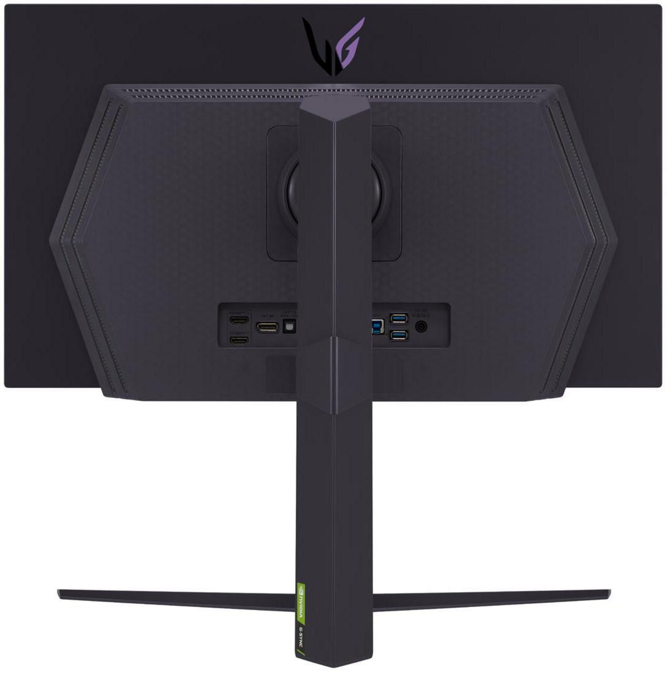 Die Rückseite eines schwarzen Monitors mit Ständer.