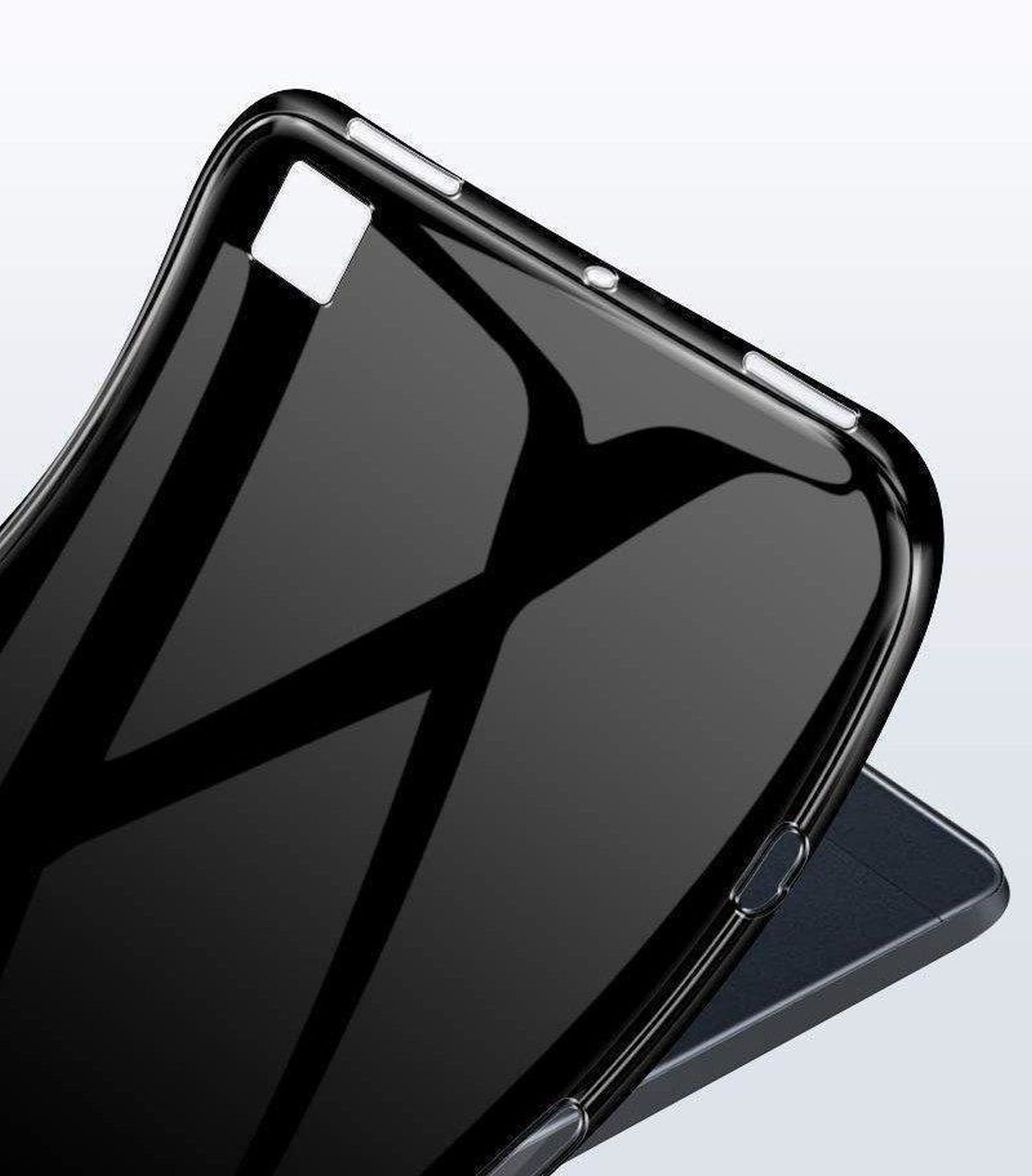 Eine glänzend schwarze Handyhülle, die eine glatte, reflektierende Oberfläche und ein geschwungenes Design zeigt.