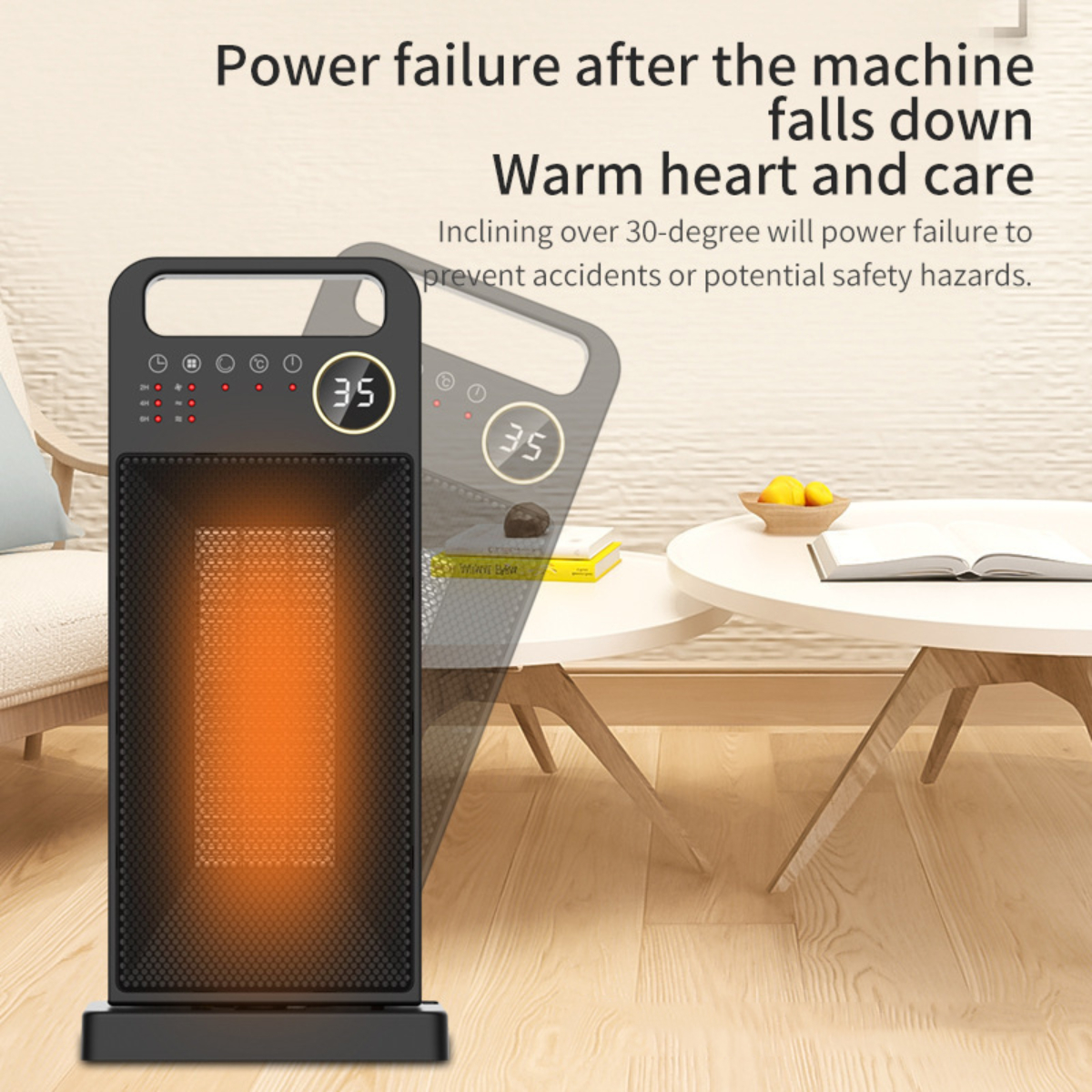Calentador negro con pantalla digital, que muestra una temperatura ambiente de 35 grados. Junto a una mesa.