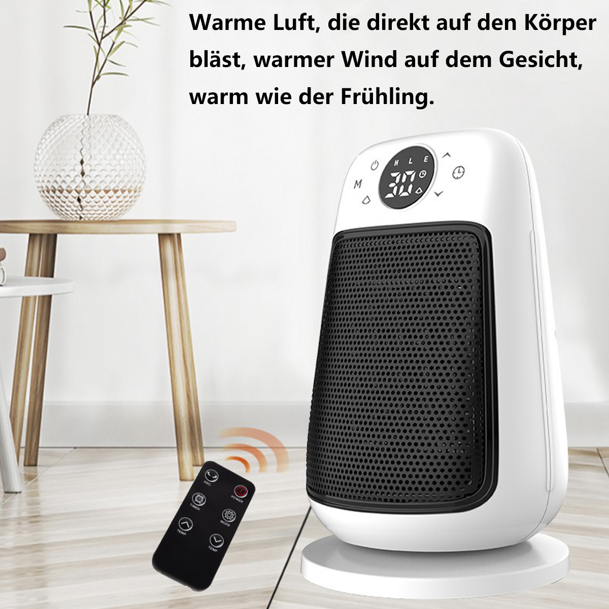 Weißer Heizlüfter mit schwarzem Grill und Fernbedienung. Digitalanzeige.