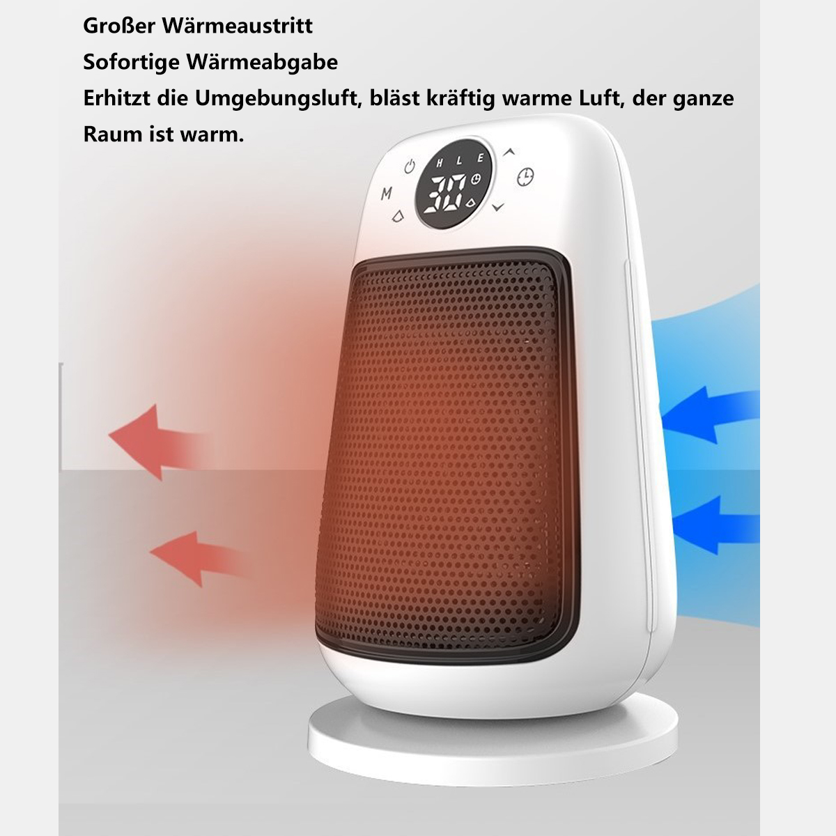 Weißer Elektroheizer mit rotem und blauem Luftstrom und Digitalanzeige.