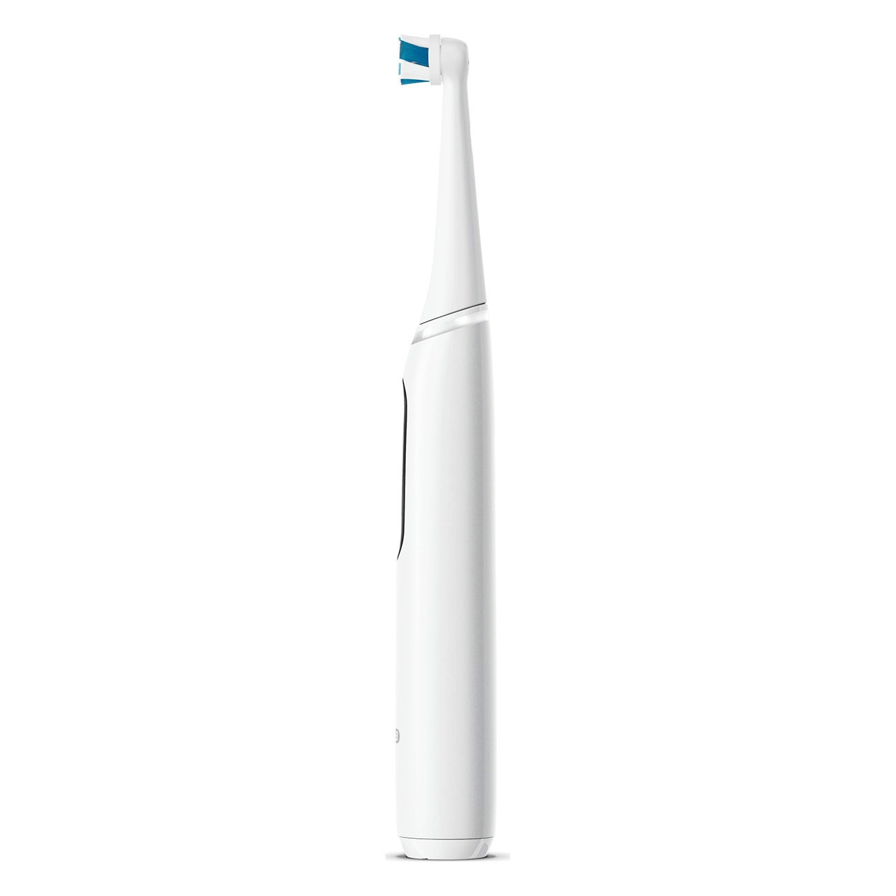 Spazzolino elettrico bianco con testina a punta blu, su sfondo bianco.