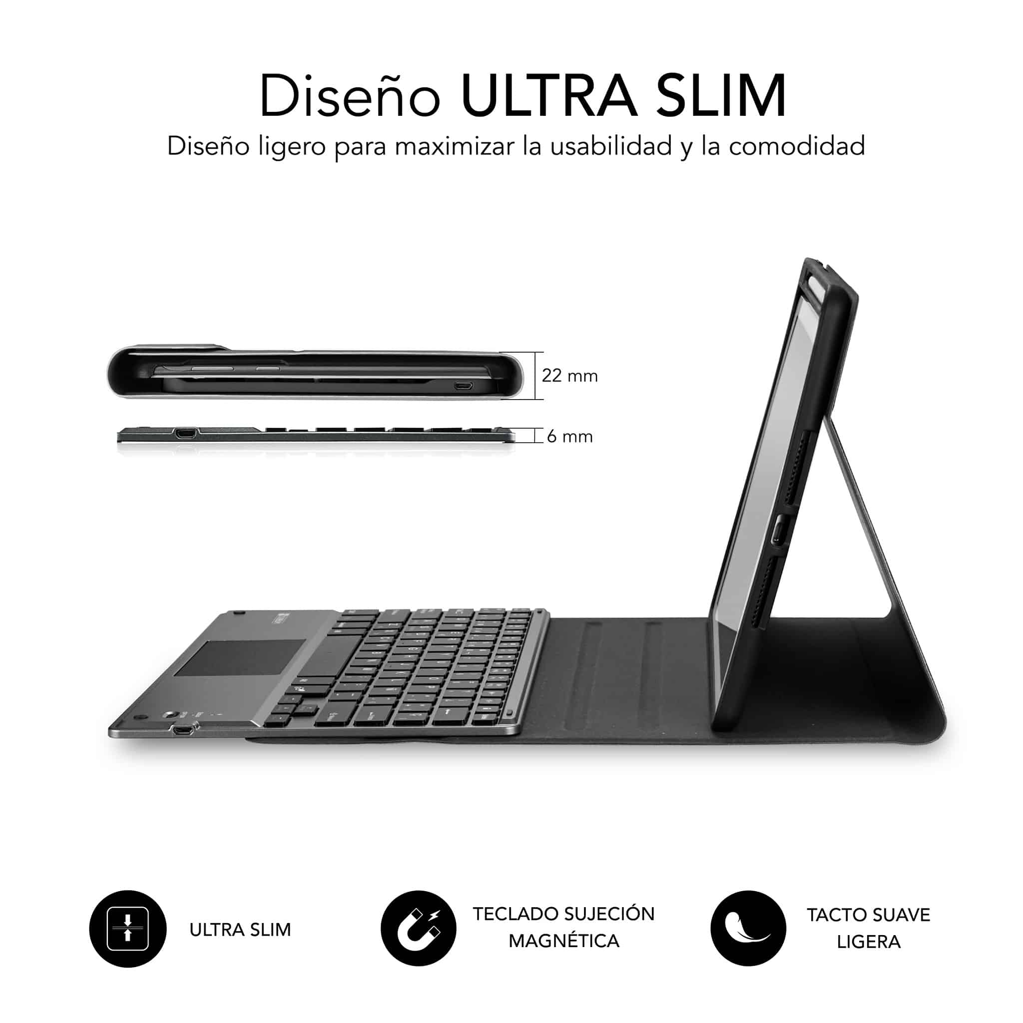 Funda para tablet con teclado, vista lateral con dimensiones e iconos abajo.