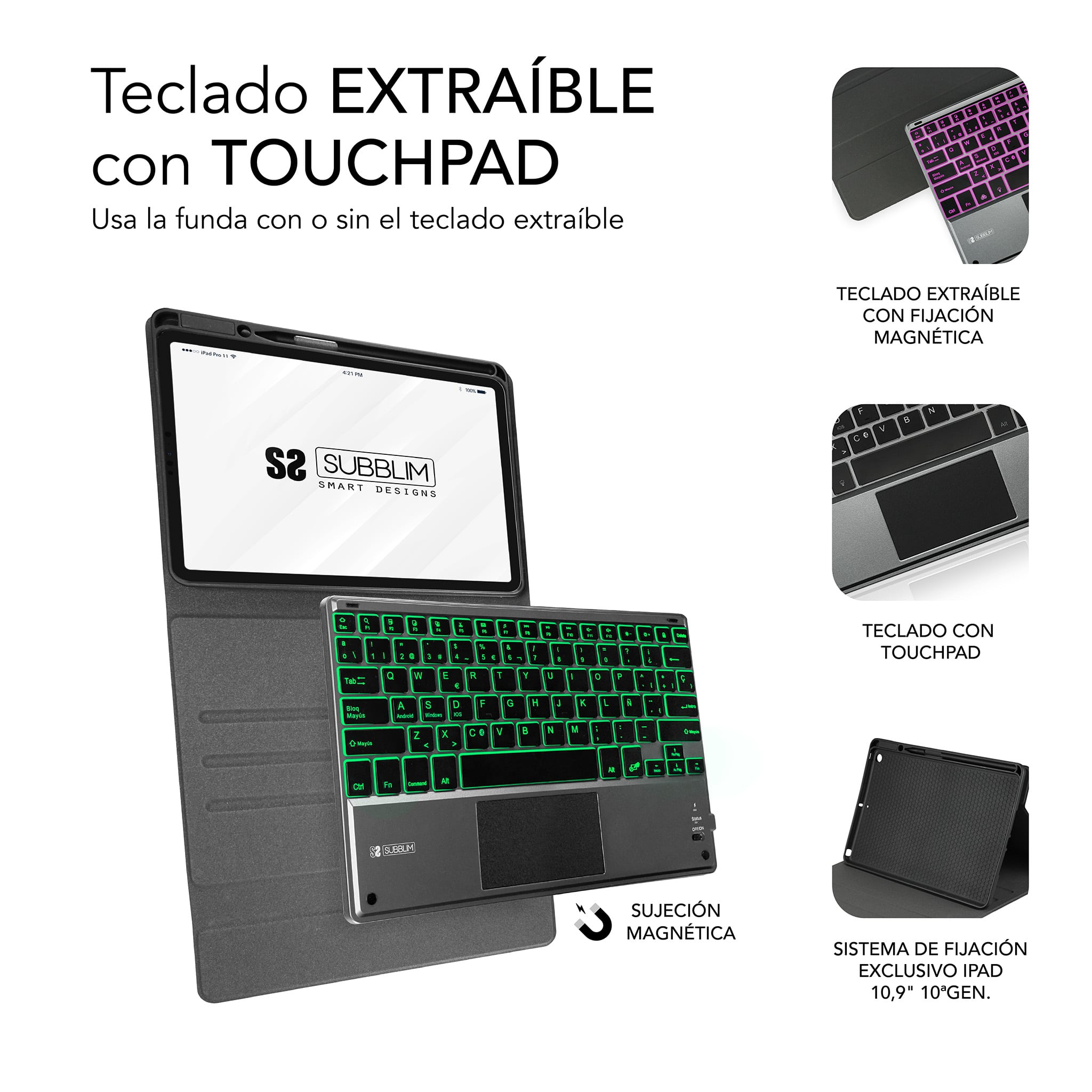 Tableta con teclado extraíble y panel táctil, mostrando sus características y diseño con primeros planos.