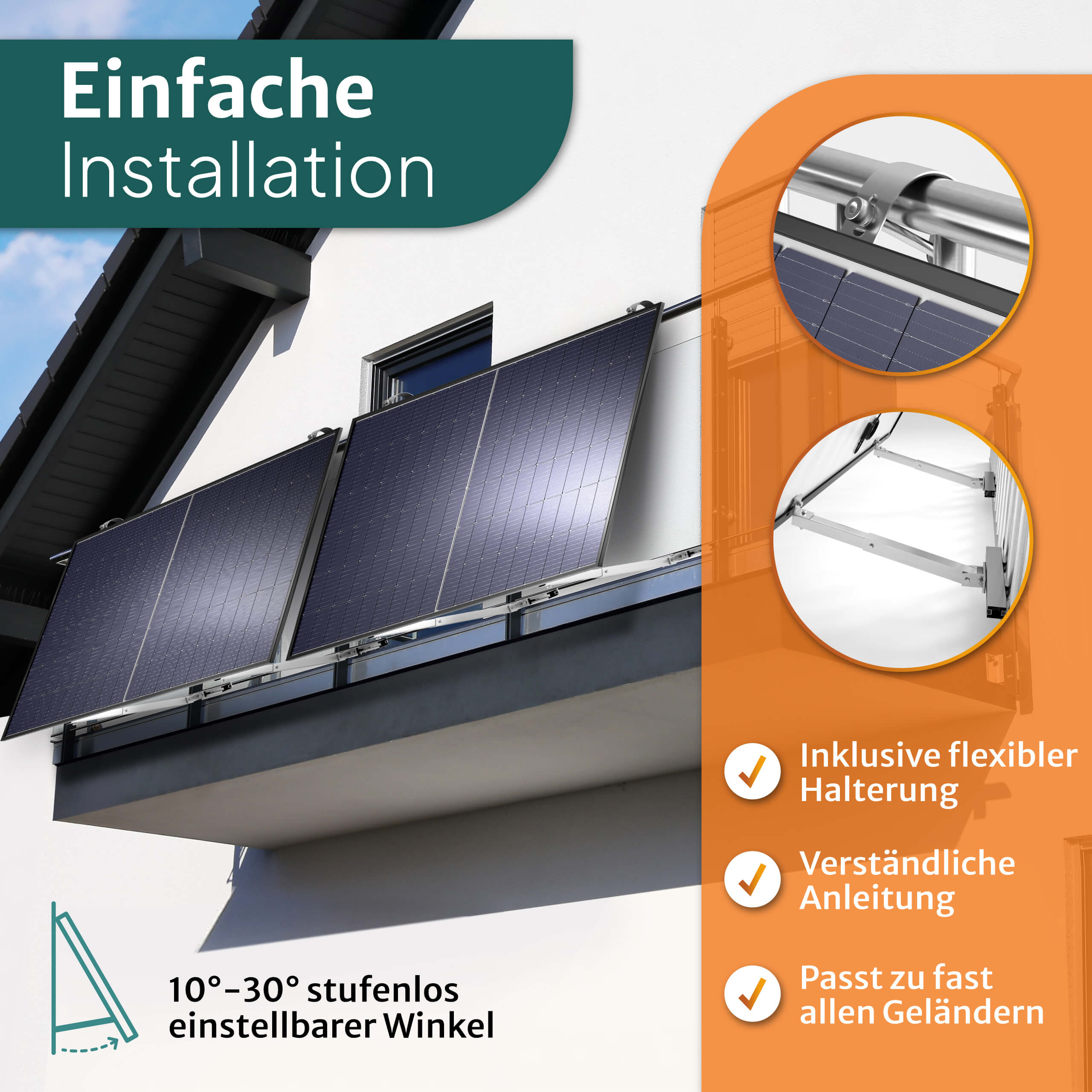 Geländer-Halterung 5m 1kWh Speicher mit inkl. - 850W Balkon-Solaranlage Kabel Batterie STROMGANZEINFACH
