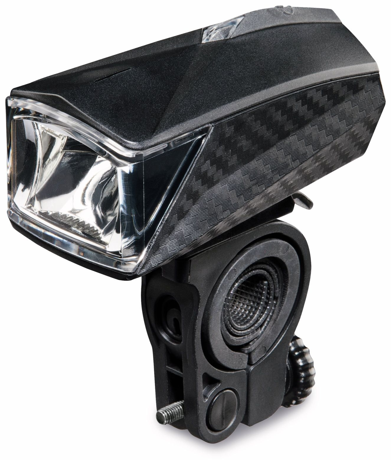 Czarna lampa rowerowa z kwadratową soczewką i teksturą włókna węglowego.