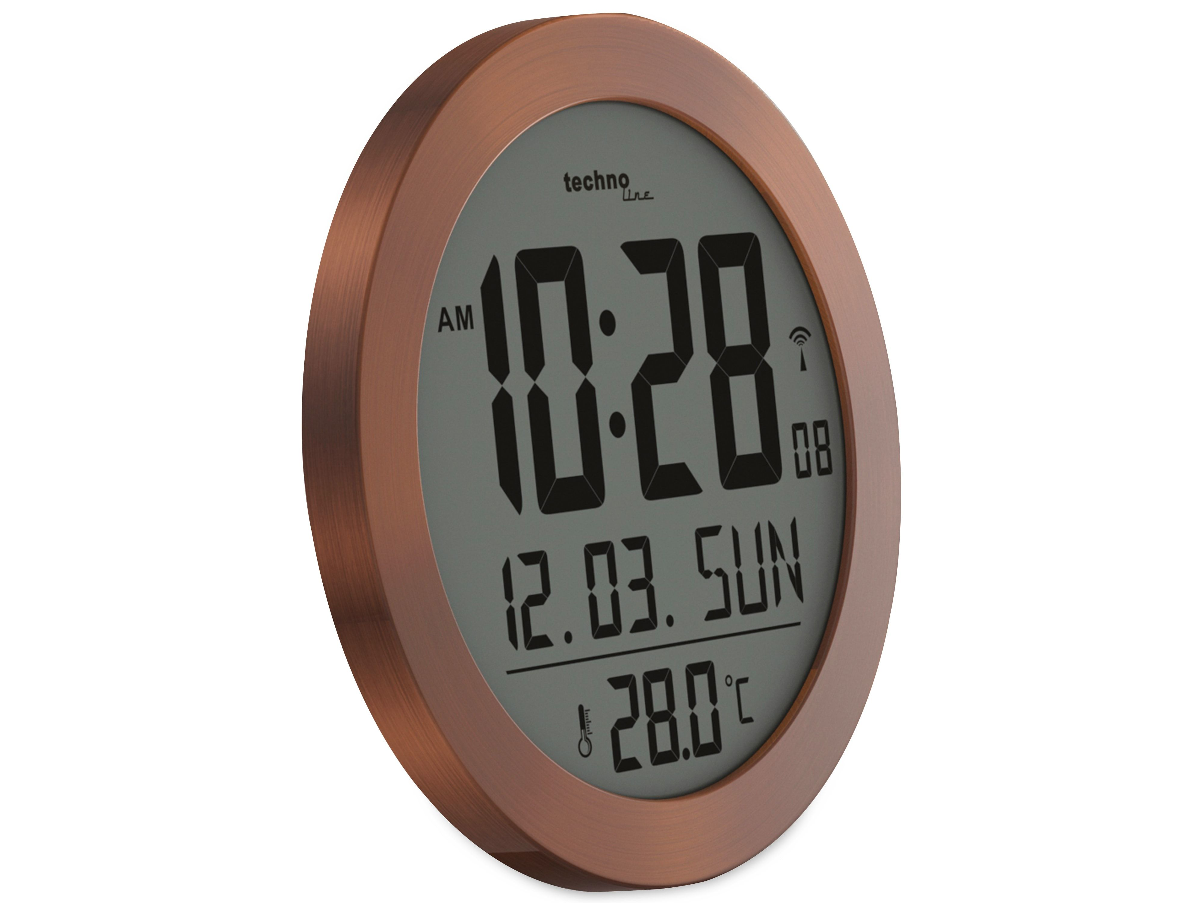 Digitaluhr mit bronzefarbenem Rahmen. Zeigt Zeit, Datum und Temperatur an.