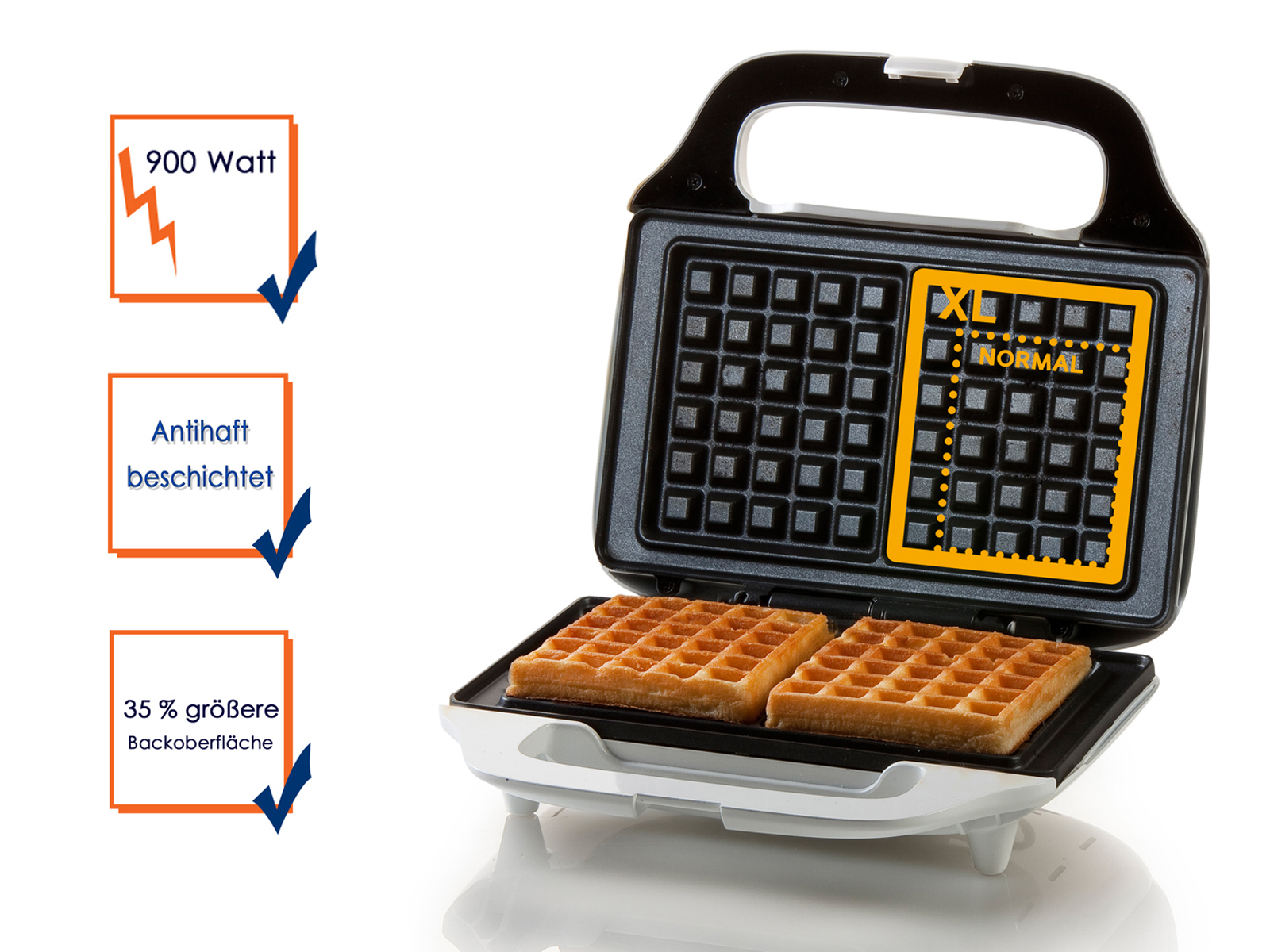 Waffeleisen mit Waffeln. Text auf Deutsch, der die Funktionen des Geräts zeigt.