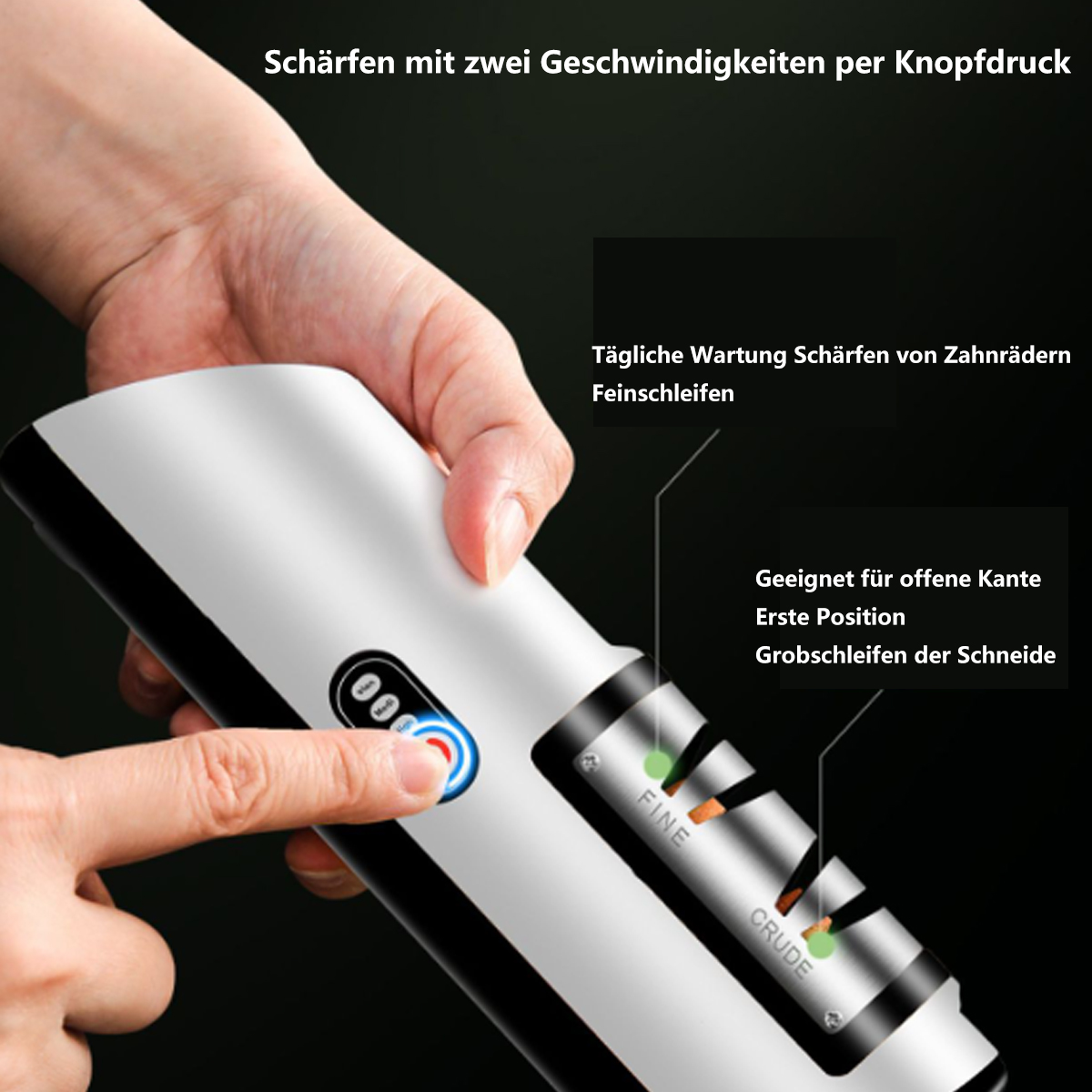 Elektrischer Messerschärfer, eine Hand hält ihn. Er hat zwei Schärfpositionen.