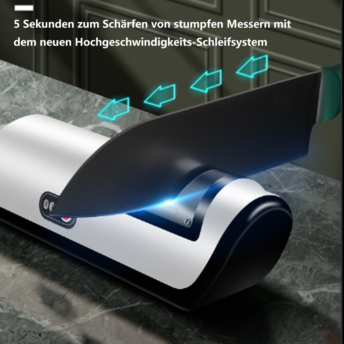 Ein Messerschärfer mit einem Messer in Gebrauch, auf einer Marmoroberfläche, und Text.