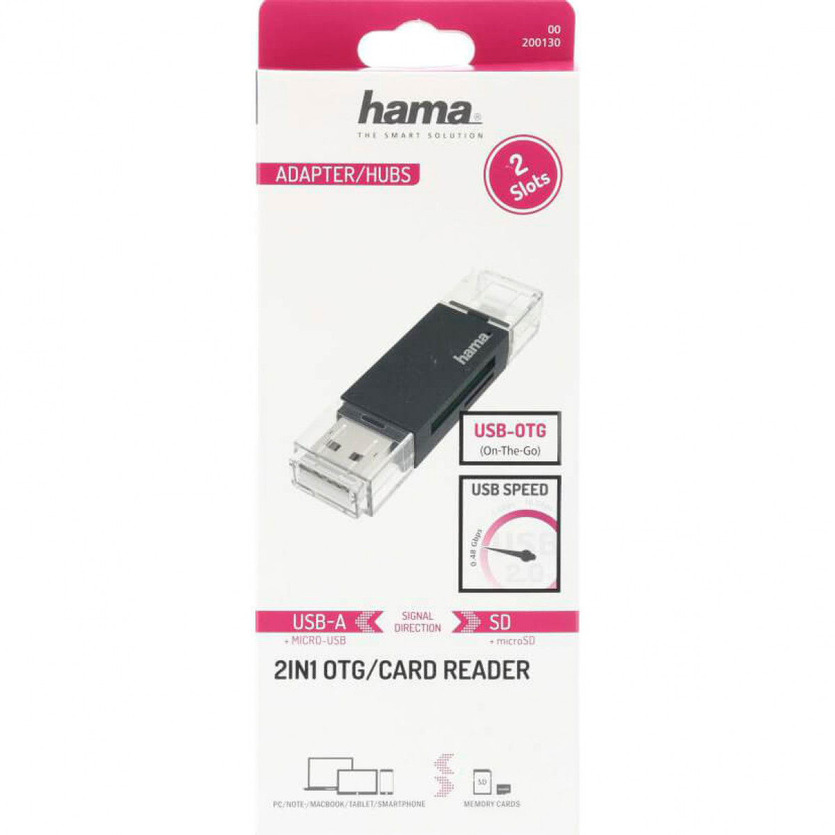 Czytnik kart USB-OTG 2 w 1 w opakowaniu; czarny adapter USB, białe i różowe opakowanie z tekstem.