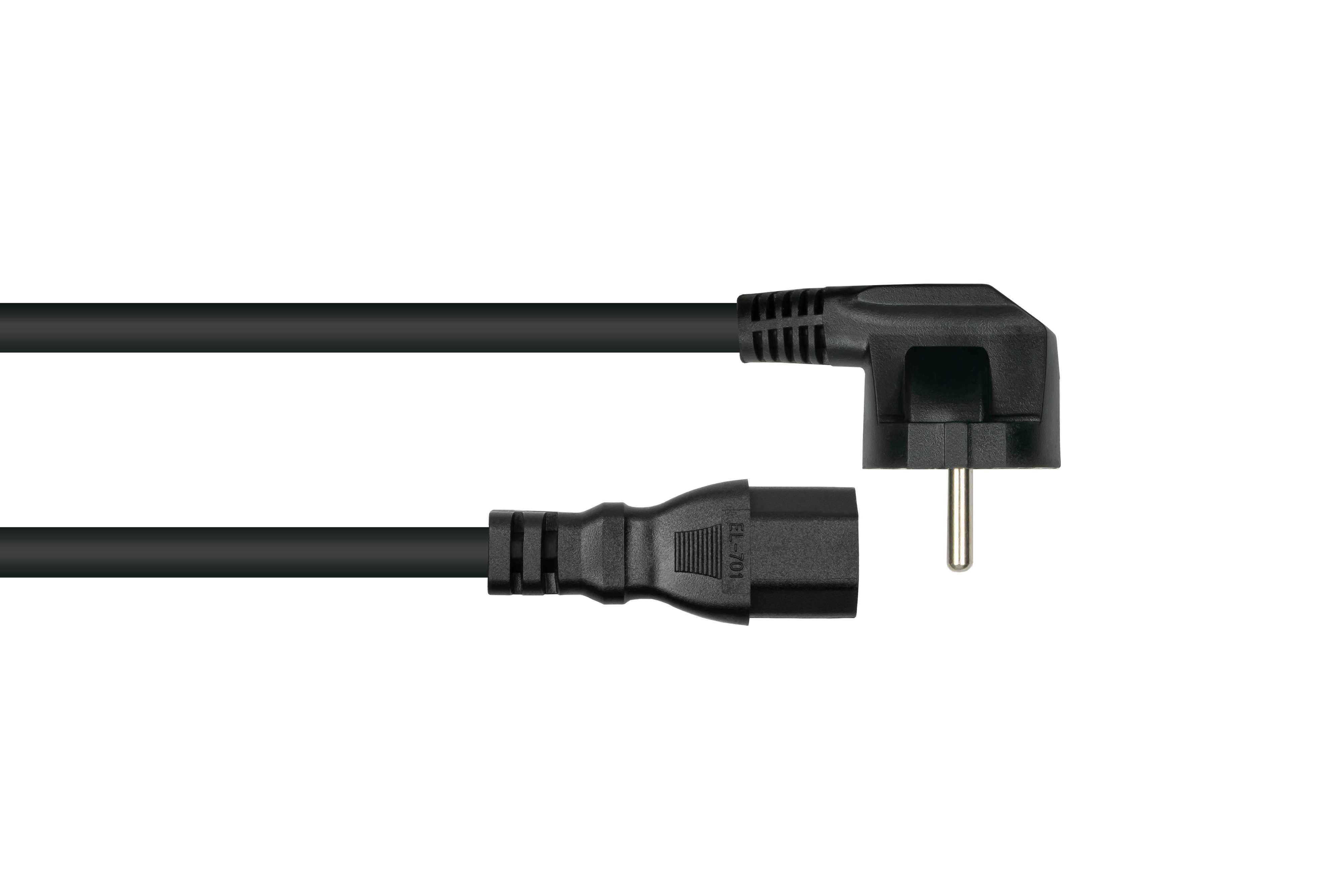 Schwarzes Netzkabel mit rechtwinkligem Stecker. Das andere Ende zeigt den Buchsenanschluss.