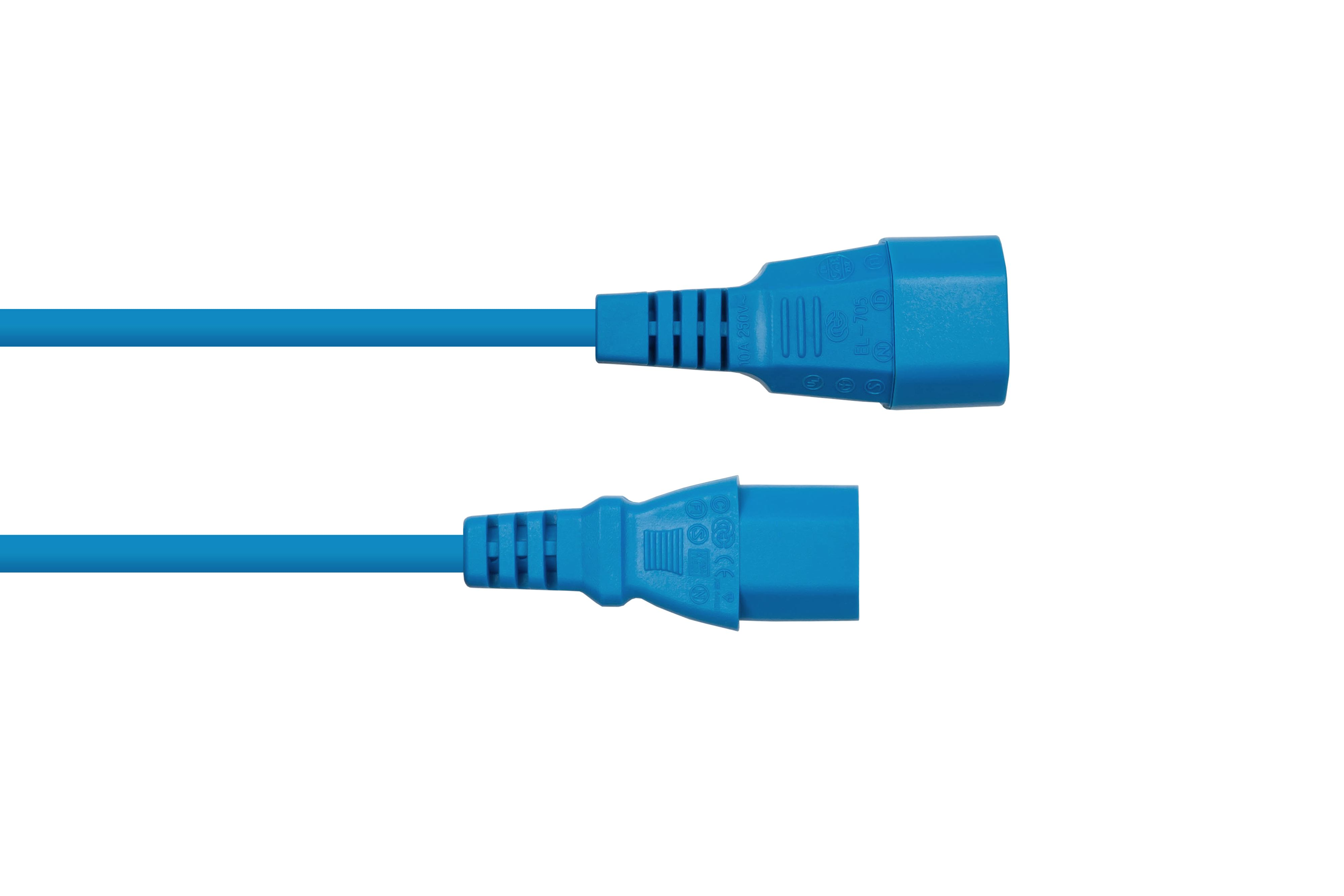 Blaues Netzkabel mit zwei Enden. Weißer Hintergrund, einfache und klare Präsentation.