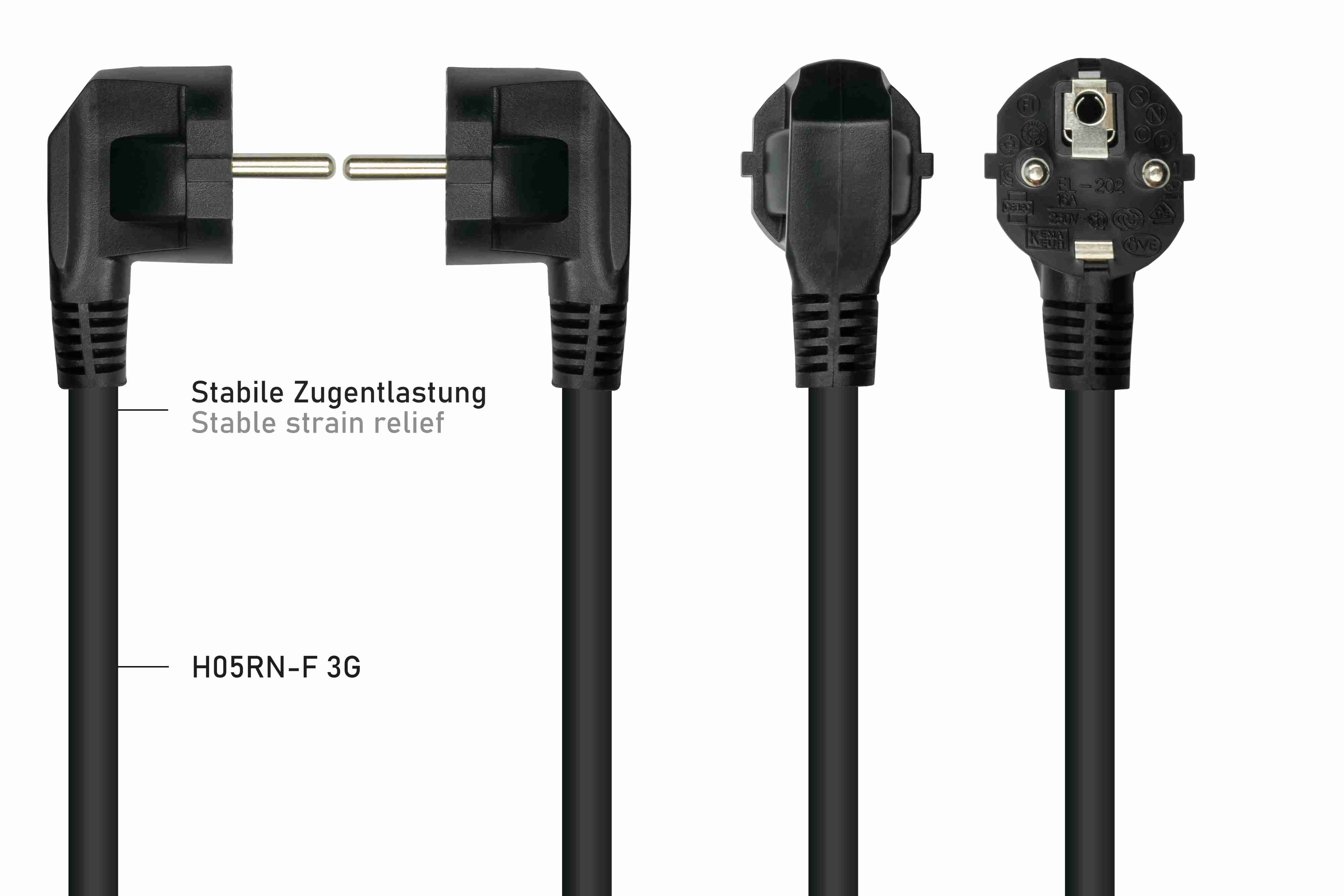 Netzstecker mit drei Ansichten: Stecker und Kabel, Stecker allein und die Rückseite des Steckers.