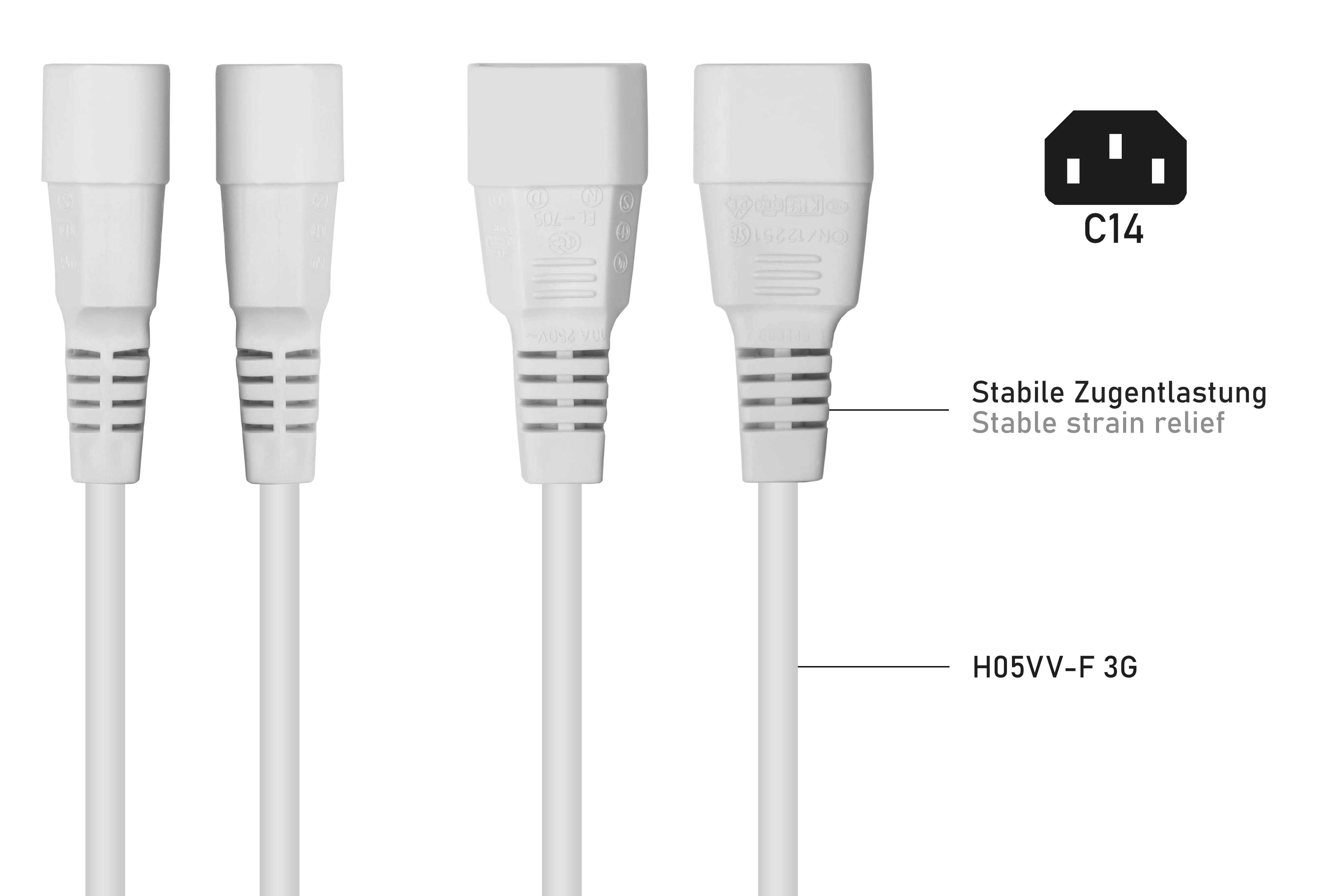 Vier weiße Netzkabel mit einem C14-Stecker und Text rechts auf weißem Hintergrund.
