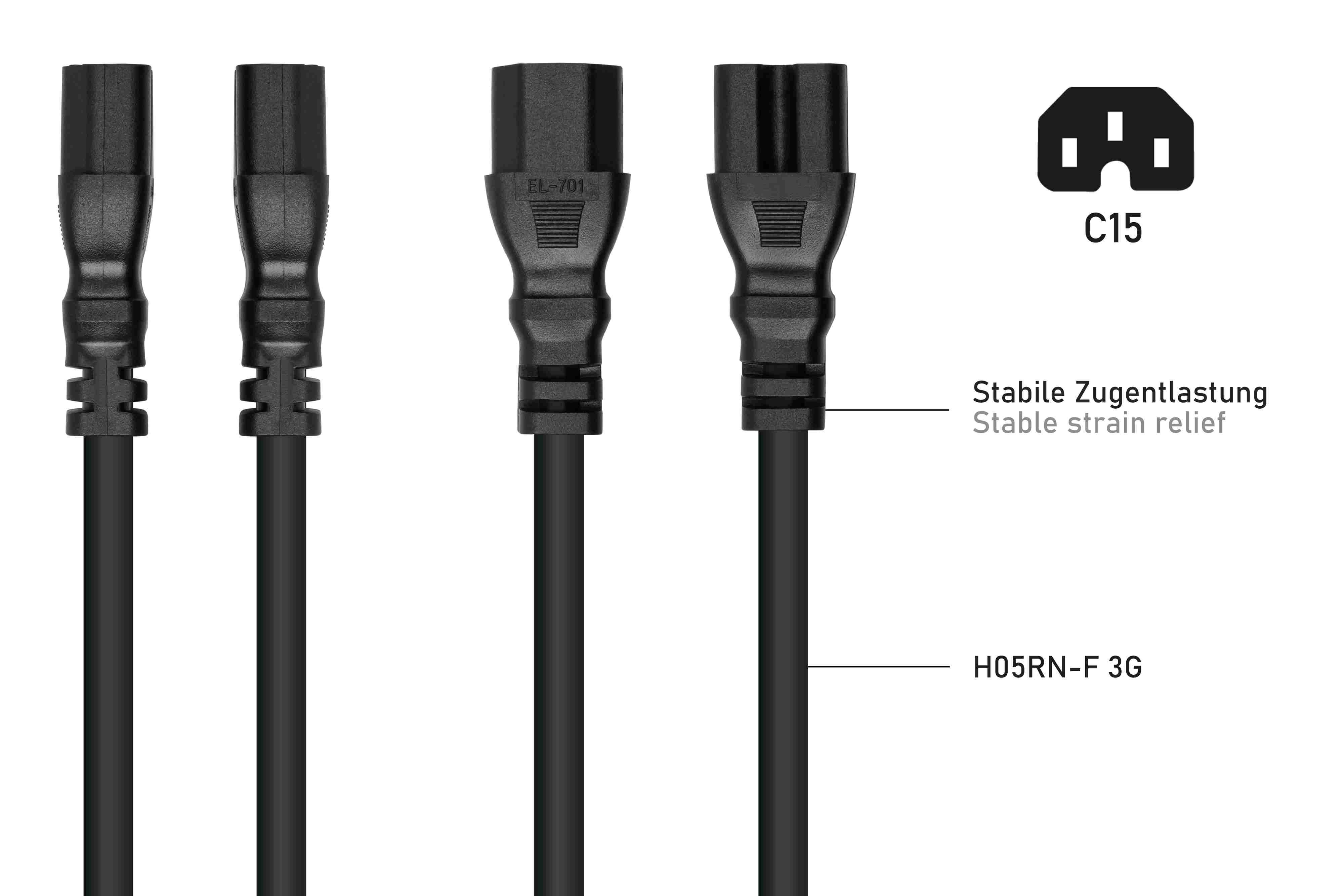 Mehrere schwarze Netzkabel mit verschiedenen Steckertypen, vor weißem Hintergrund.