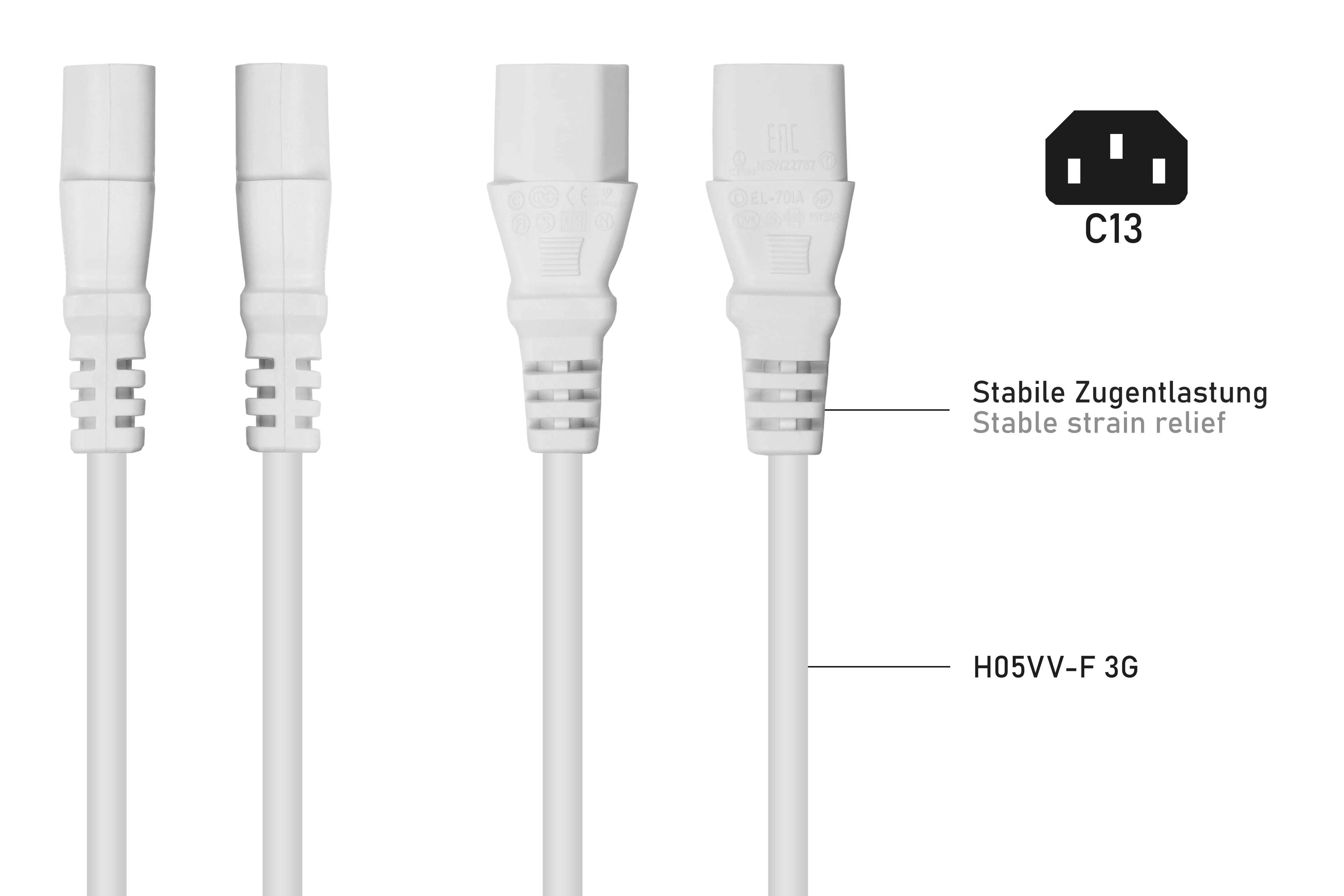 Weiße Stromkabel mit C13-Stecker, stabiler Zugentlastung und Etikett.