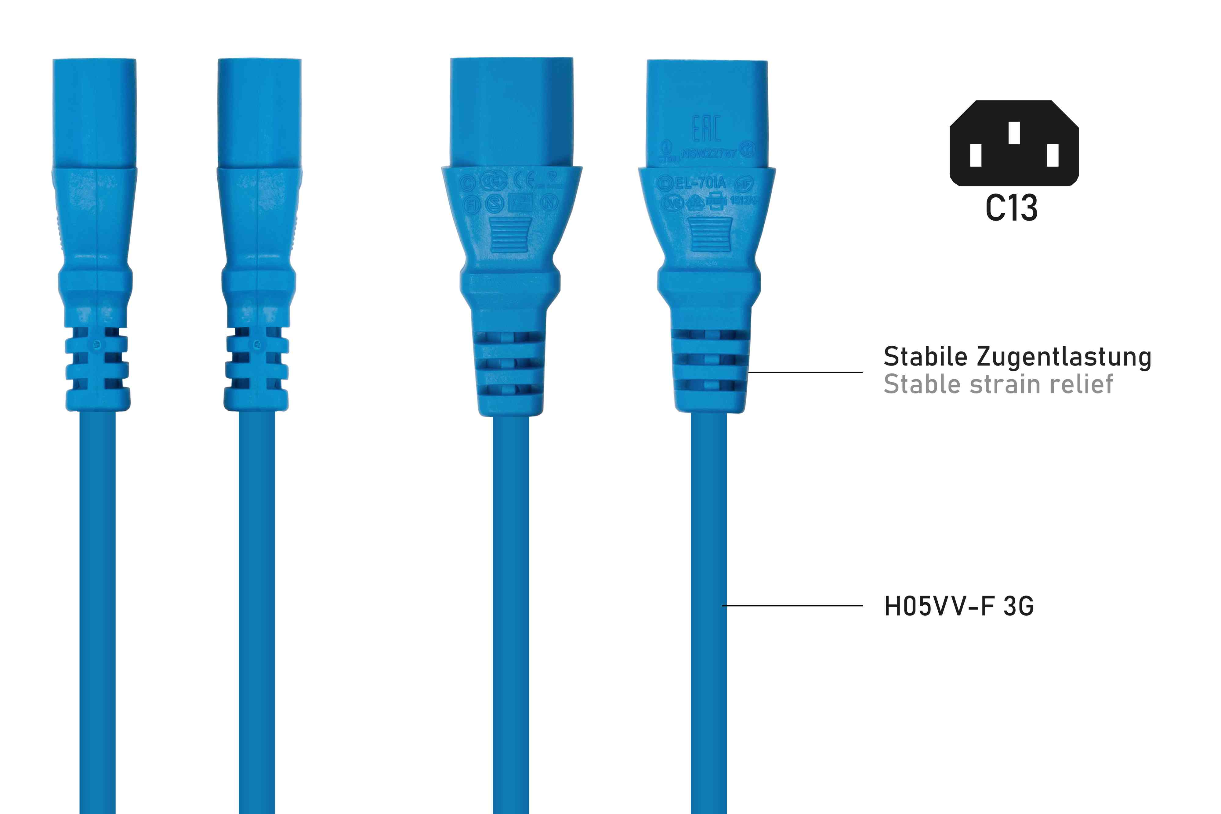Blaue Netzkabel mit C13-Anschluss und Zugentlastung, vor weißem Hintergrund.