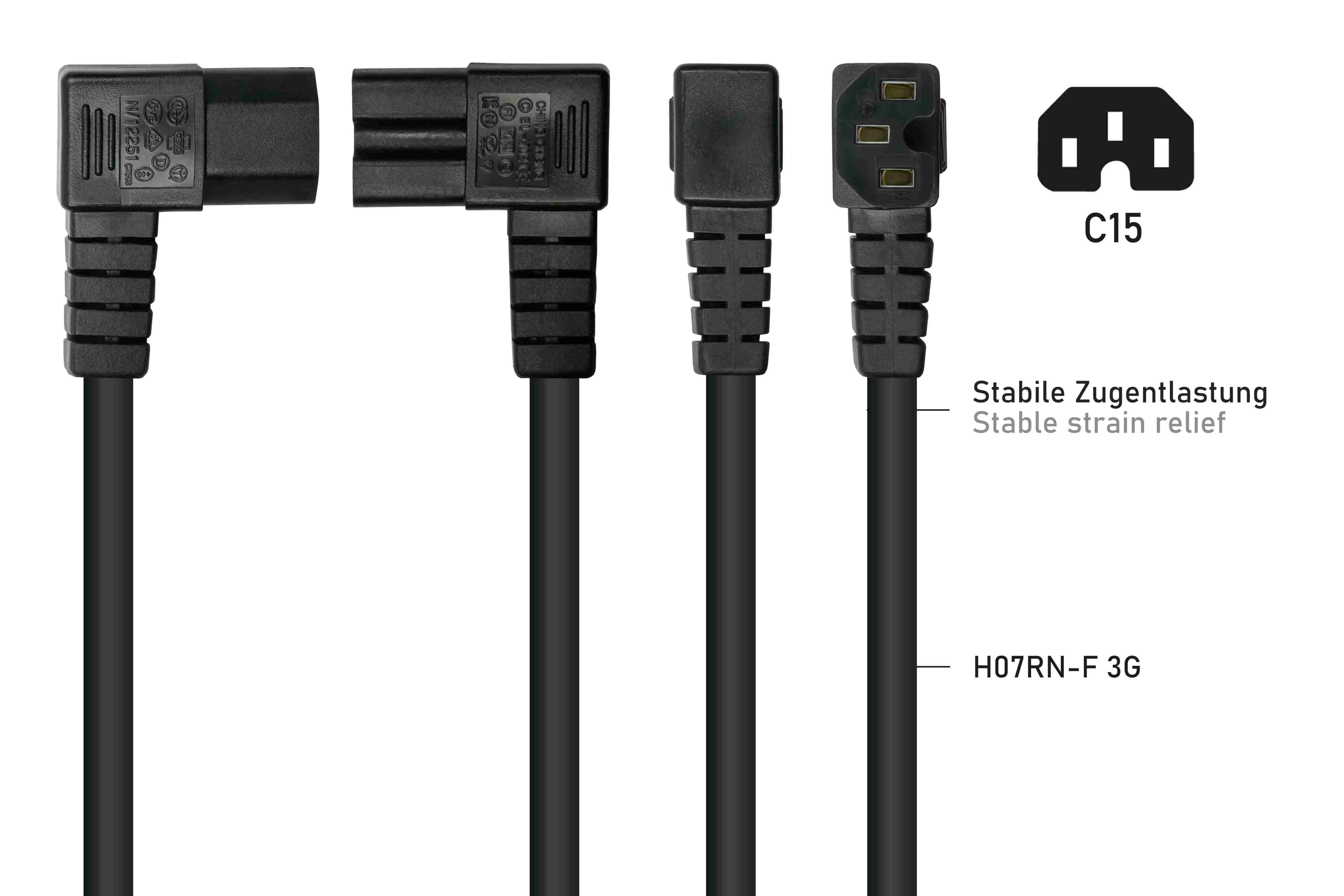Schwarze Netzkabel mit verschiedenen Steckern und Etiketten, einschließlich eines C15-Steckers.