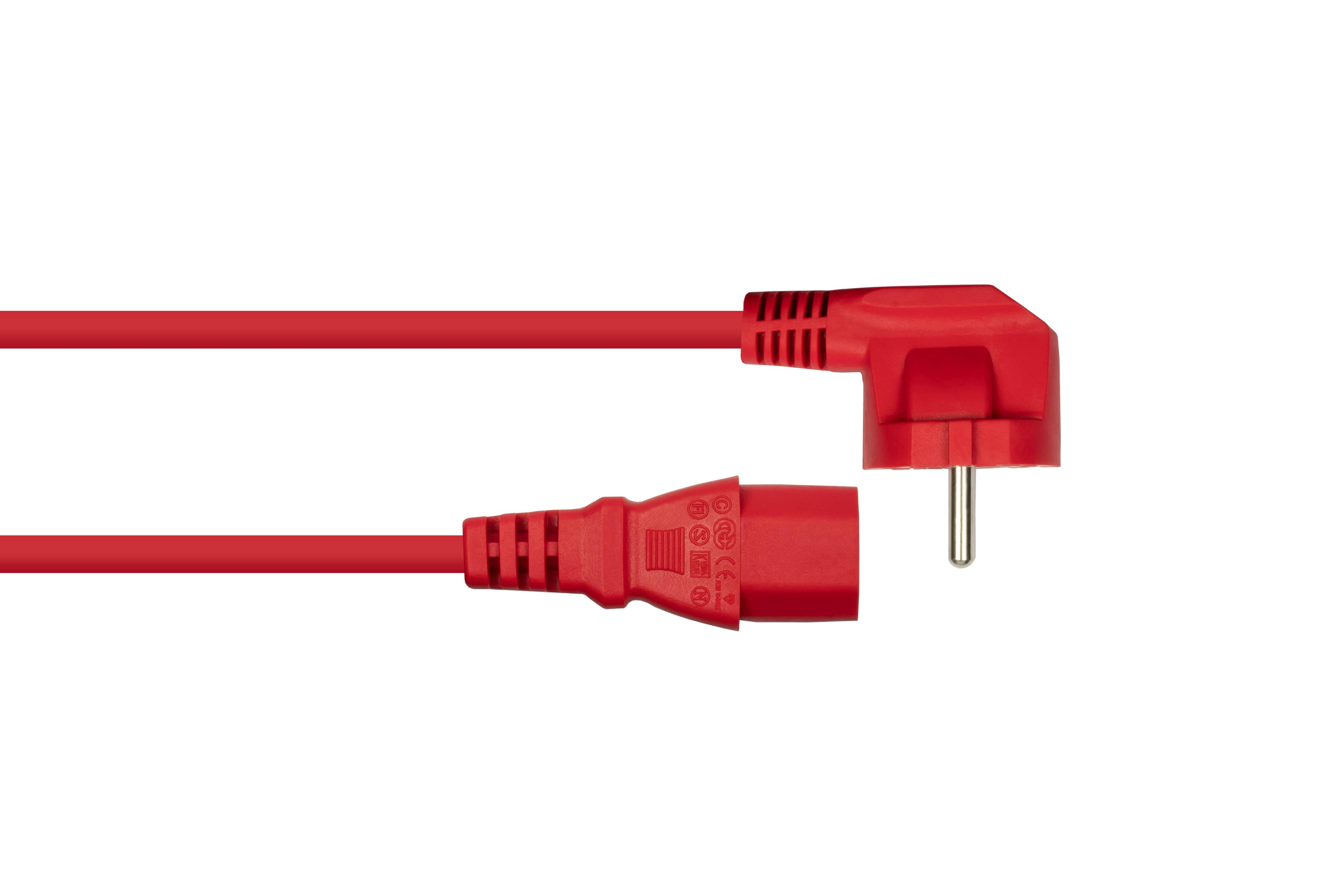 Ein rotes Netzkabel mit europäischem Stecker und Buchse.