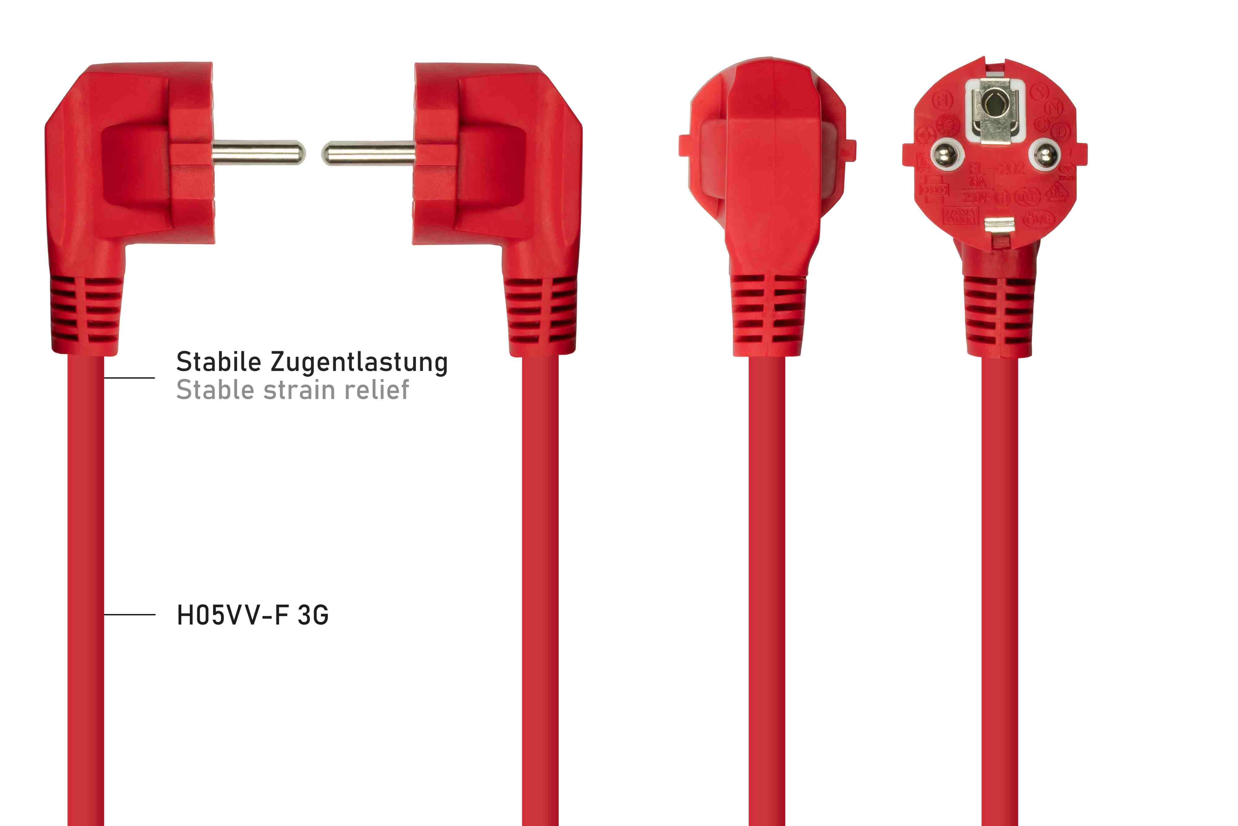 Roter Stecker mit der Aufschrift 'Stabile Zugentlastung' und 'H05VV-F 3G'.