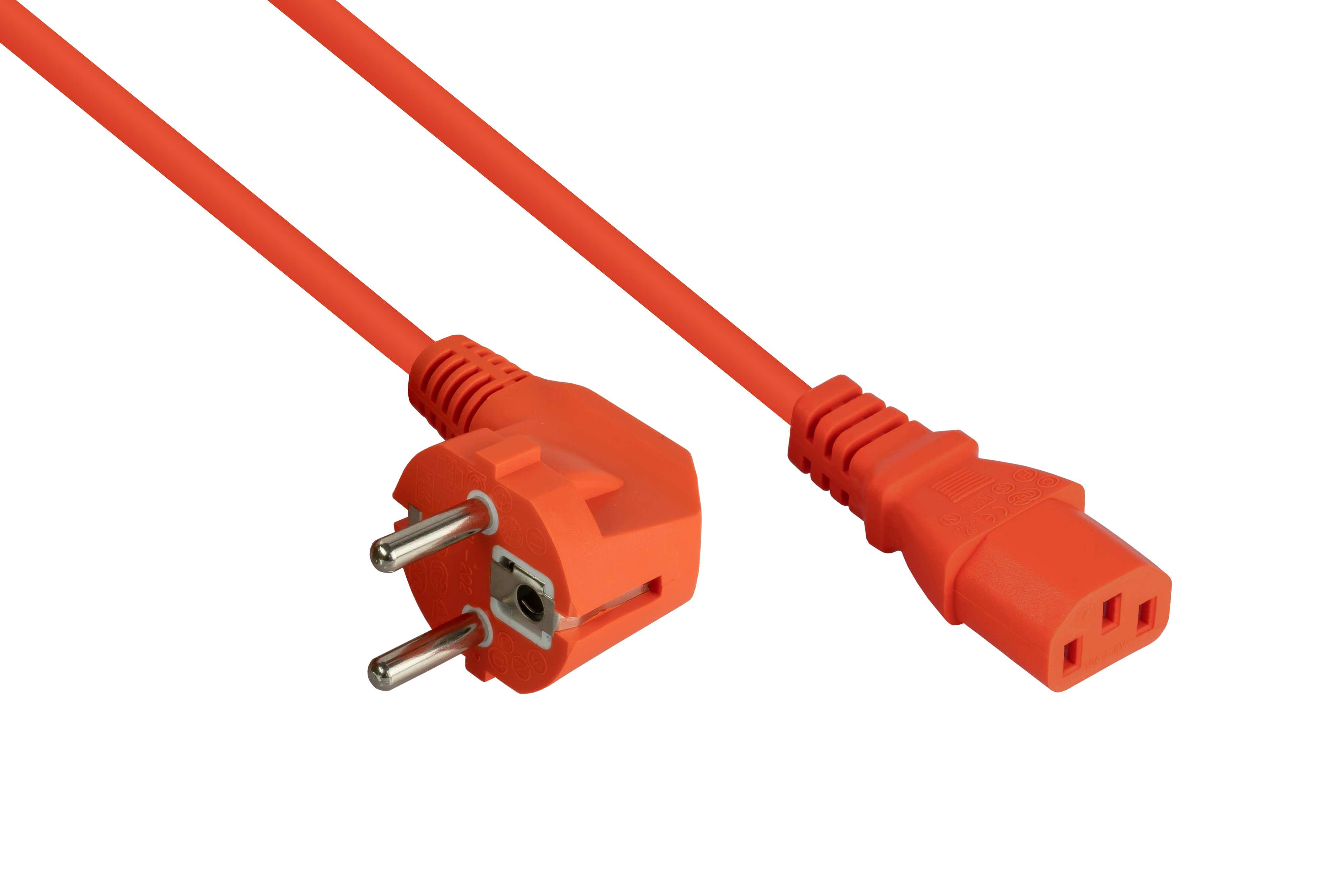 Oranges Stromkabel, mit Eurostecker an einem Ende und C13-Stecker am anderen Ende, weißer Hintergrund.